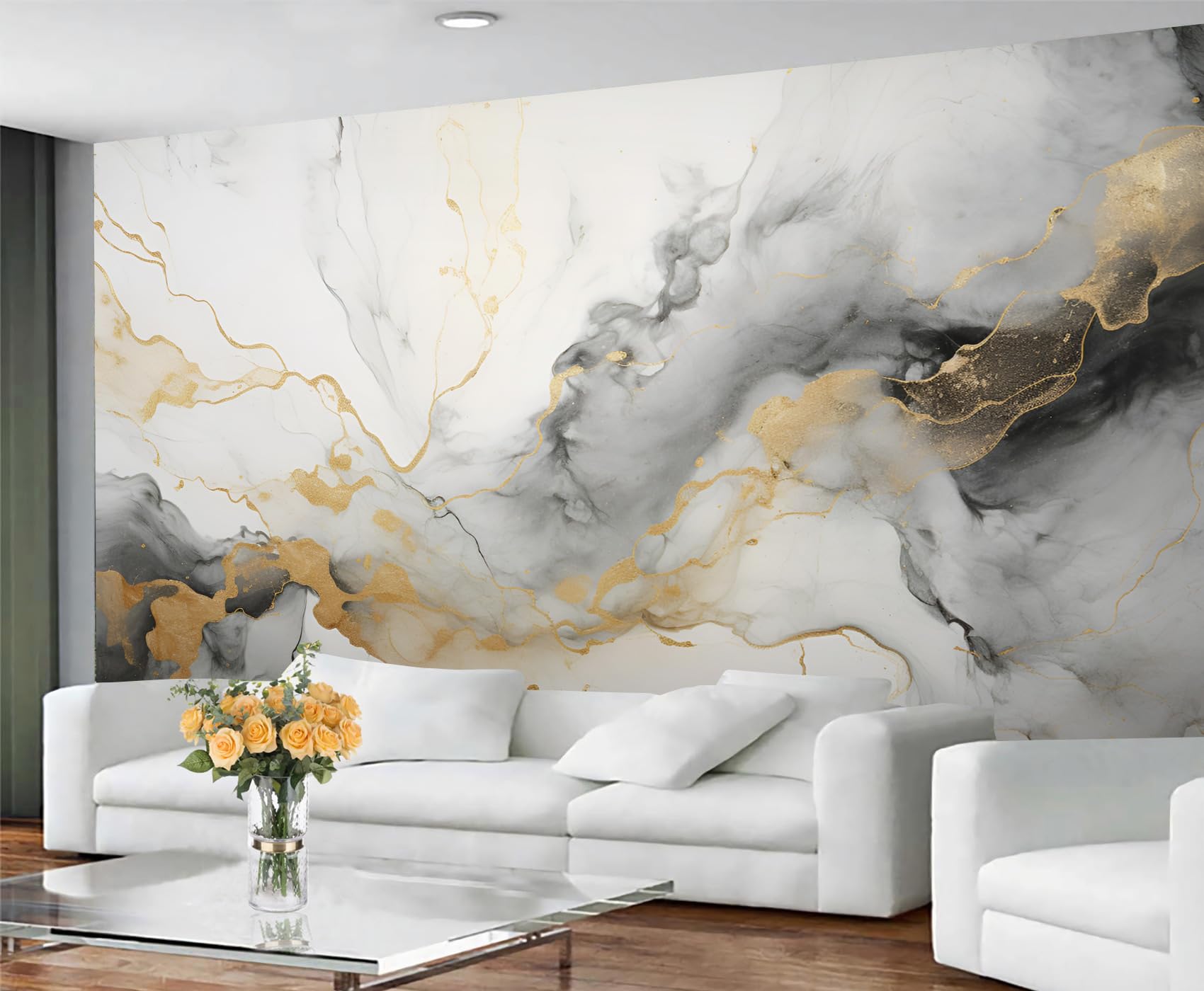 GIVLWF Marble Wallpaper, Gray Gold Marble Self Adhesive Wallpaper for Living Room, Abstract Luxury Wall Murals for Bedroom, Nordic Large Mural & Room Decor, Watercolor Wall Paper