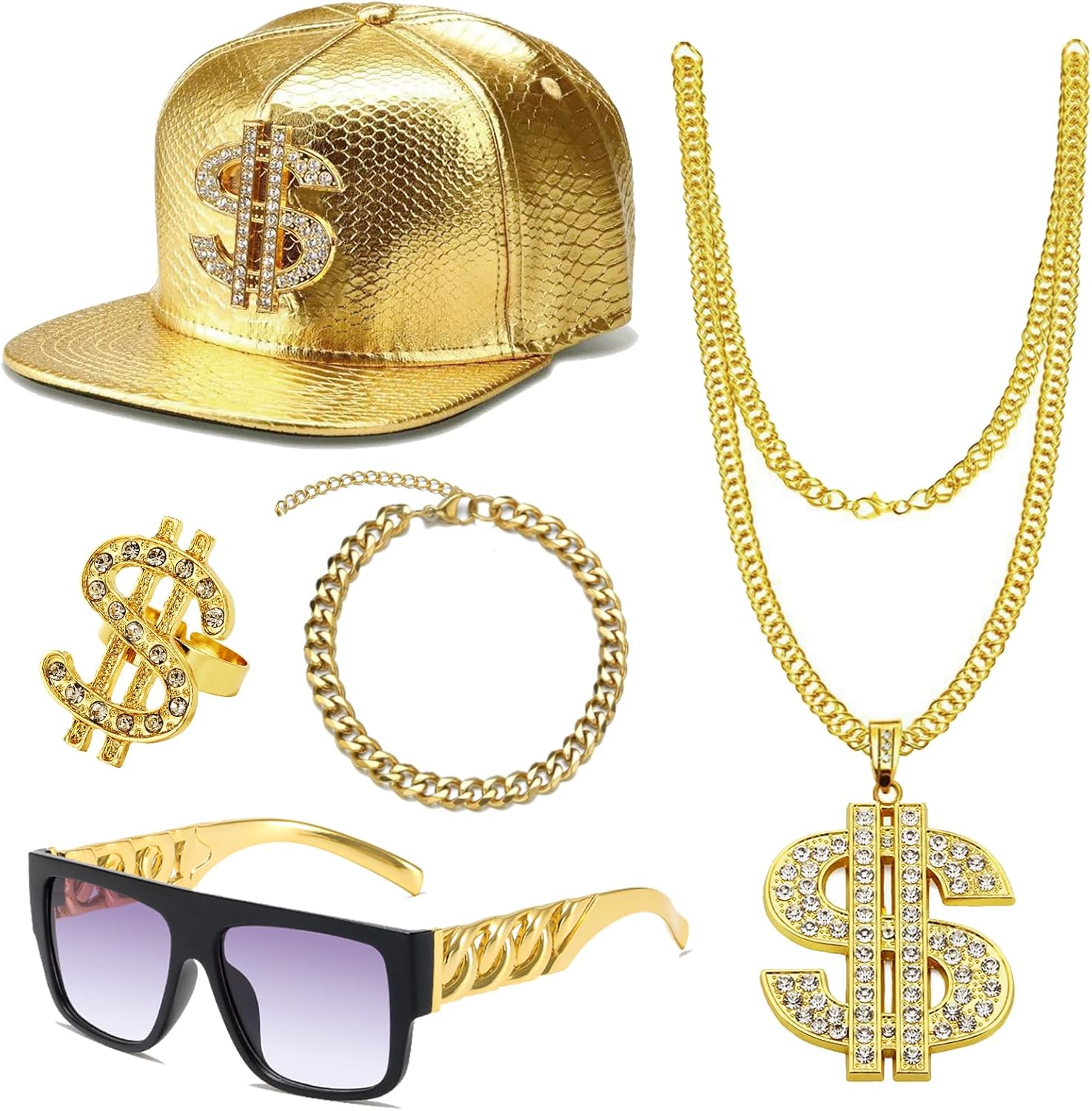 Amazon.com: FIRSAUKI Hip Hop Costume Kit Gold Rapper Hat Sunglasses ...