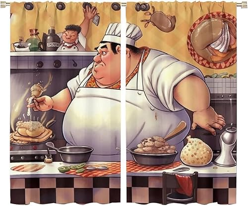 Miniatura 23 de Cortina de decoración de cocina de chef, retro gourmet de dibujos animados, chef gordo de cocina, patrón de comida gourmet, decoración del hogar,