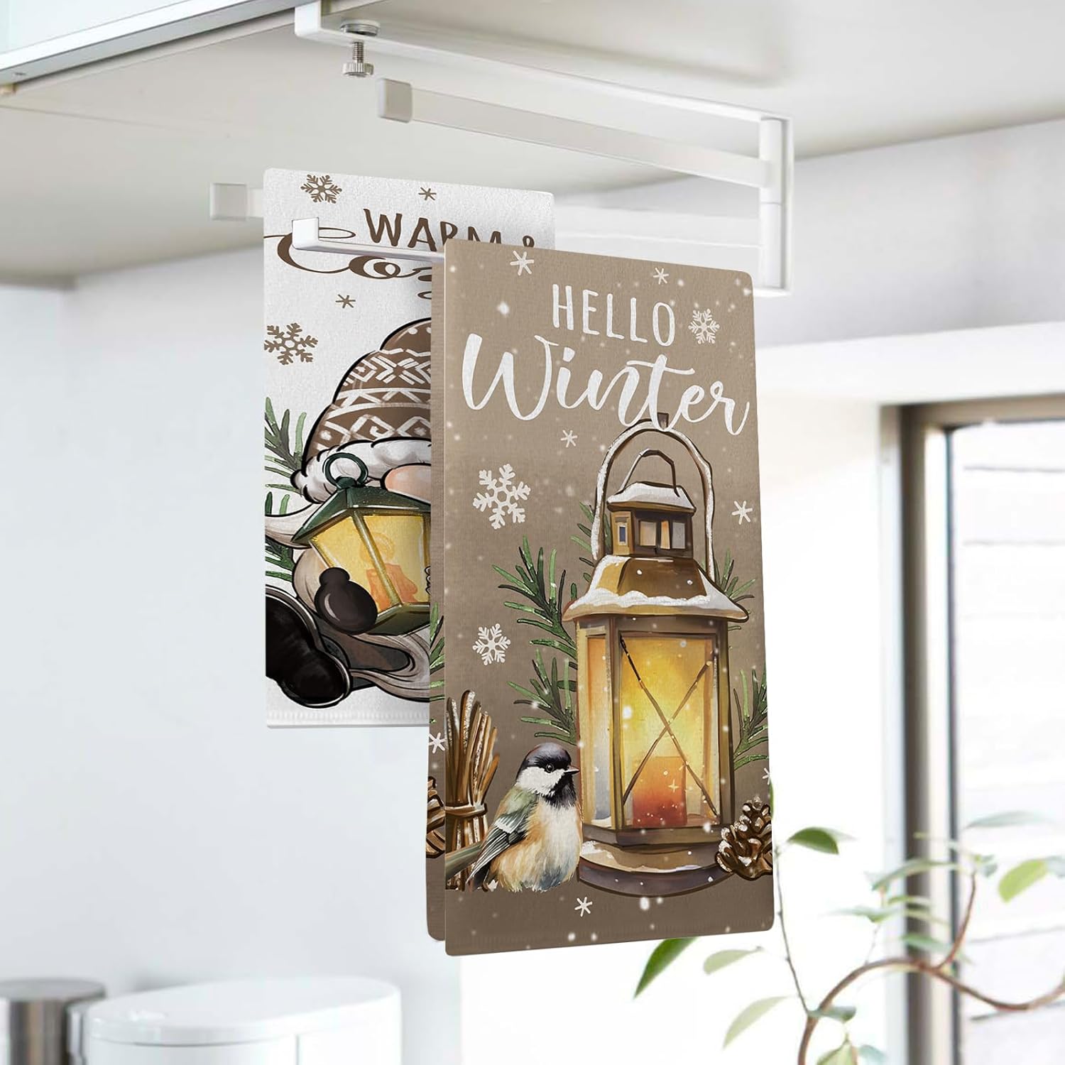 Hello Winter Brown Gnome Kitchen Dish Towel, Warm Cozy Lantern Chickadee Drying Hand Towel Baking Cooking Cloth, Christmas Seasonal Snowflake Home Decoration 18 x 26 Inches - Image 4