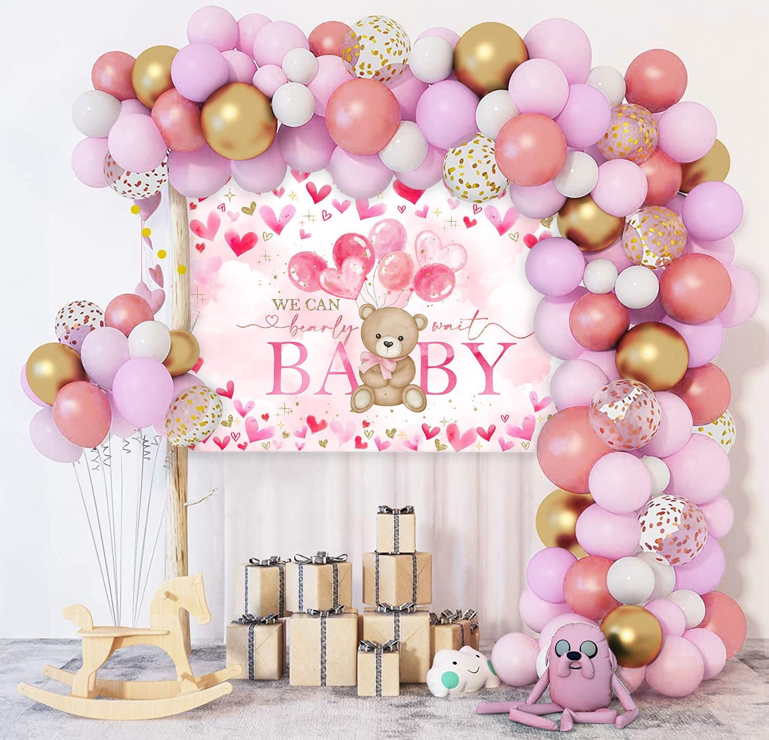 Avezano Bear Baby Shower Backdrop for Girl Pink Hearts Balloons Bear Theme Baby Shower Photo Background We Can Bearly Wait Baby Shower Party Decorations (7x5ft)