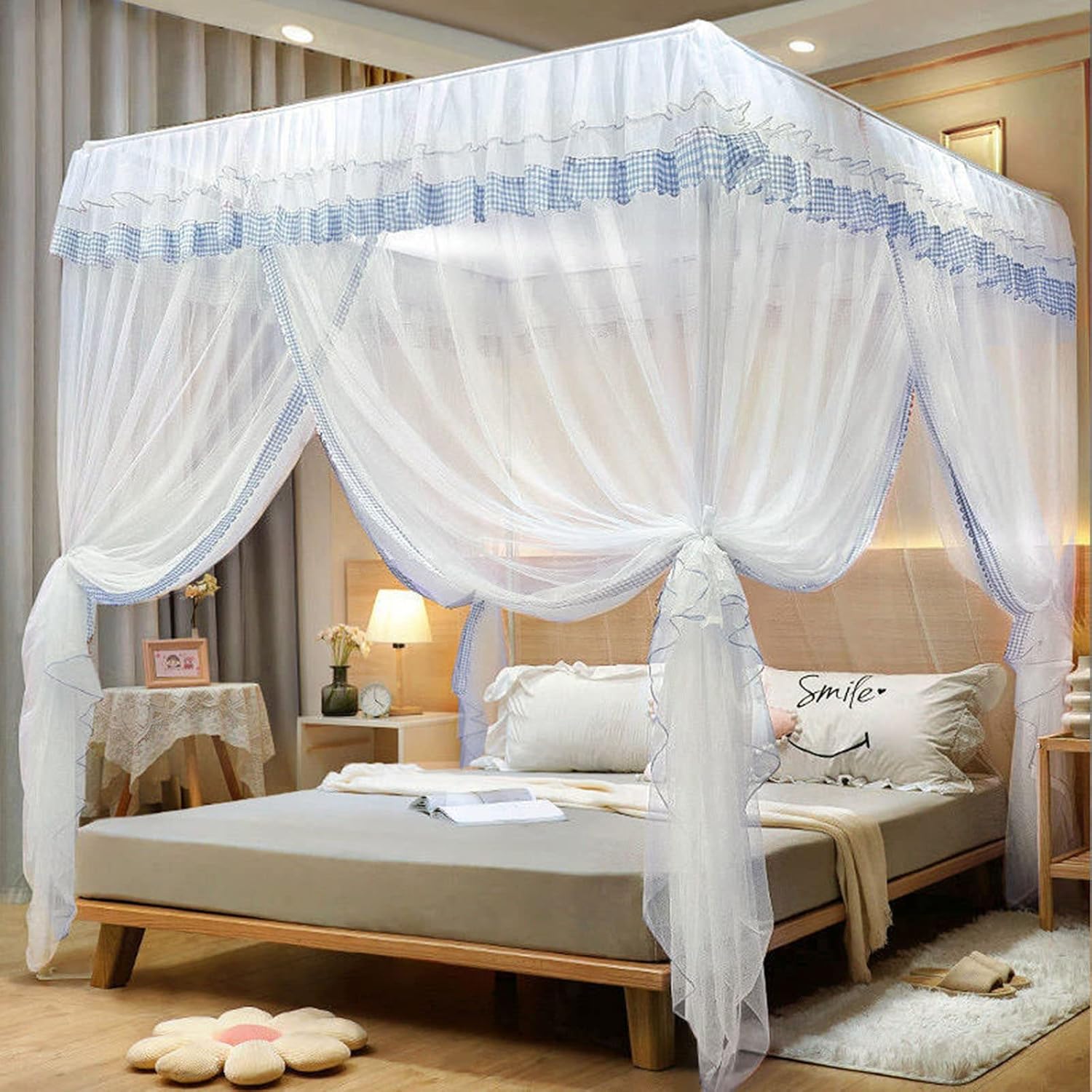 Fabric Bed Drapes Mesh Protection Canopy Shielding Netting, King Size Queen Twin Size Mosquito Net Canopy，Double Bed Canopy Mosquito Net with 4 Corner Posts - 360° Protection, Stainless Stee