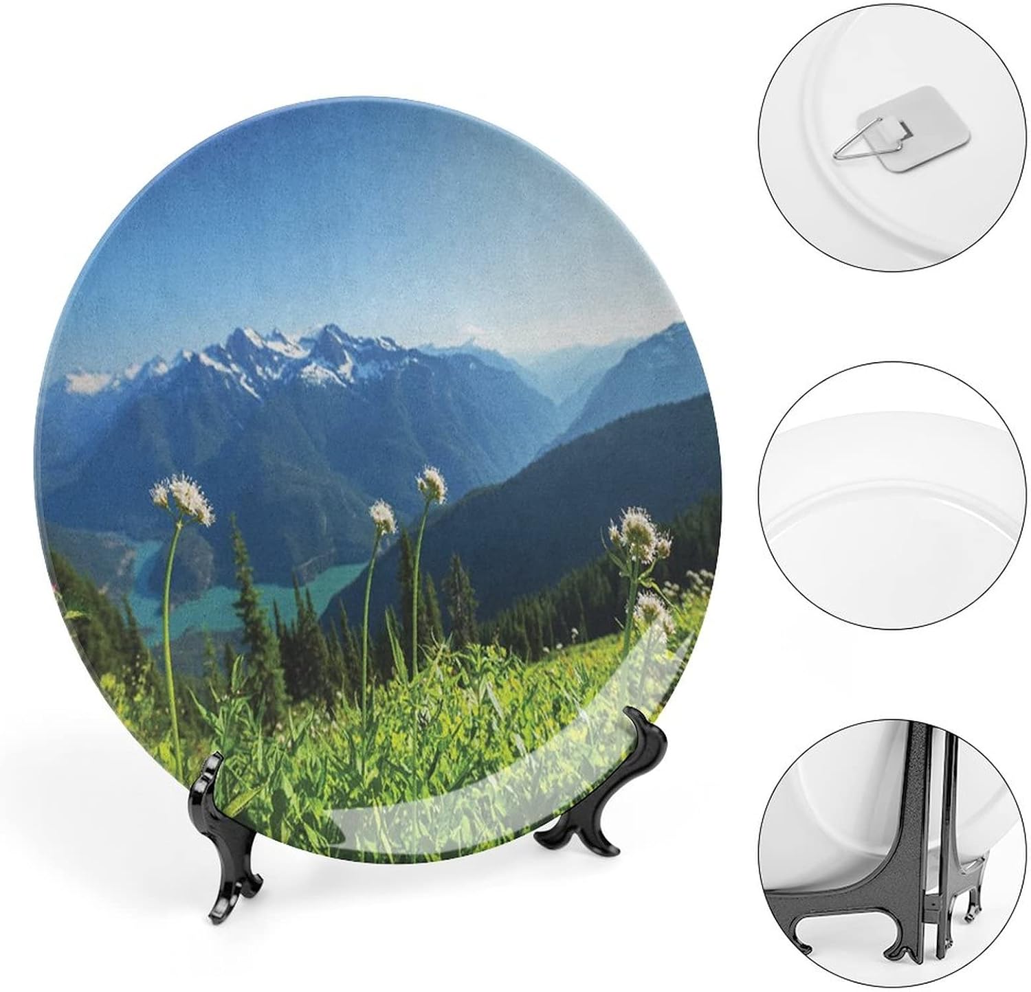 XISUNYA 7 Inch Decorative Plate, Nature Ceramic Craft, Diablo Lake Mountains Dandelions Thistle Flowers Wilderness Print Ceramic Wall Hanging for Home Office Party Dinner Table Decor, Green Sky Blue