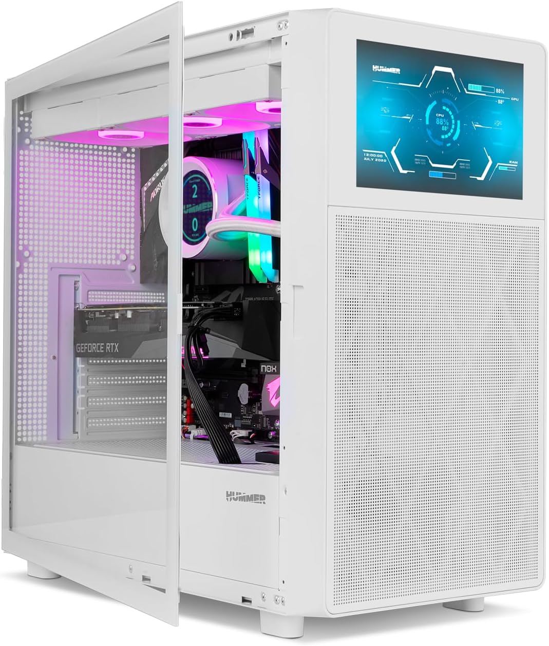 NOX Xtreme Products Hummer BIOS – Semitorre ATX | M-ATX | ITX, Pantalla LCD 8″ Personalizable, Panel Frontal Metal Mesh, Lateral Cristal Templado, Espacio 11 Ventiladores, USB-C y 3.0, Color Blanco 10