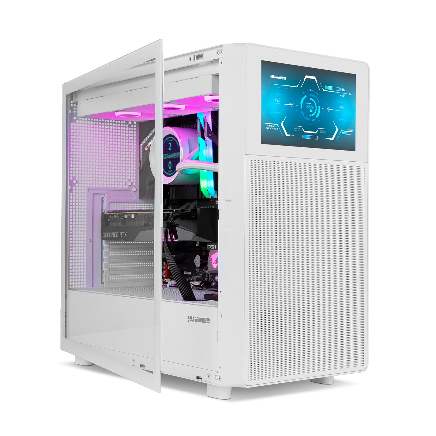 NOX XTREME PRODUCTS HUMMER BIOS - Semitower ATX|M-ATX| ITX, Display LCD da 8” personalizzabile, Pannello frontale rete metallica, laterale vetro temperato, Spazio per 11 ventole, USB-C e 3.0, Bianco
