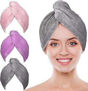 POPCHOSE 3-Pack Microfiber Hair Towel Wraps - Fast Drying Turban for Curly Thick Wet Hair, Frizz-Free Absorbent Hair Wraps for Women