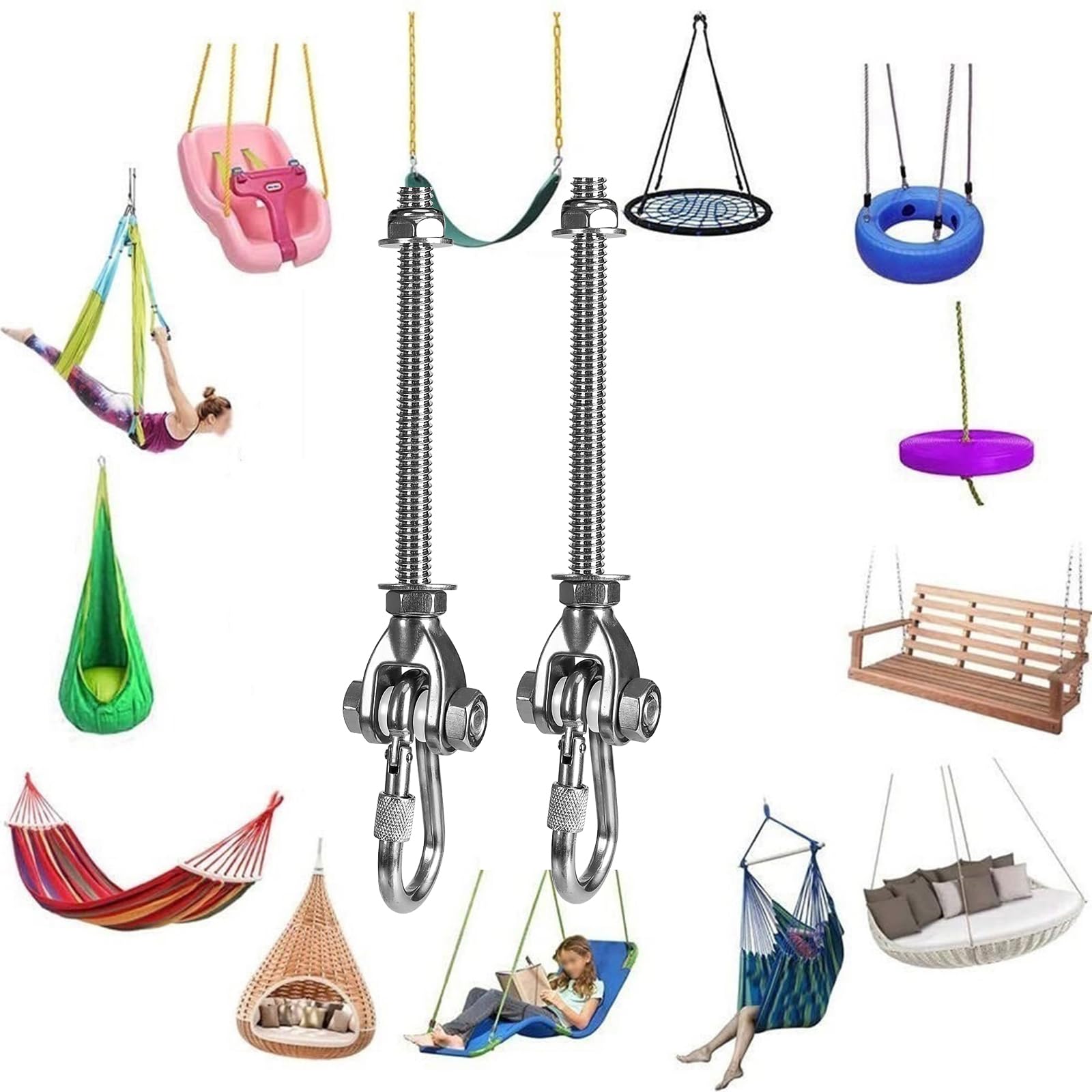 2er Schaukelhaken Karabiner für Müheloses Aufhängen 180°,Hängematte Befestigung Edelstahl Holzbalken M10 Betondecke Aufhängung Hängesessel,227kg Tragkraft für Spielplatz Schaukel Yoga Sandsäcke