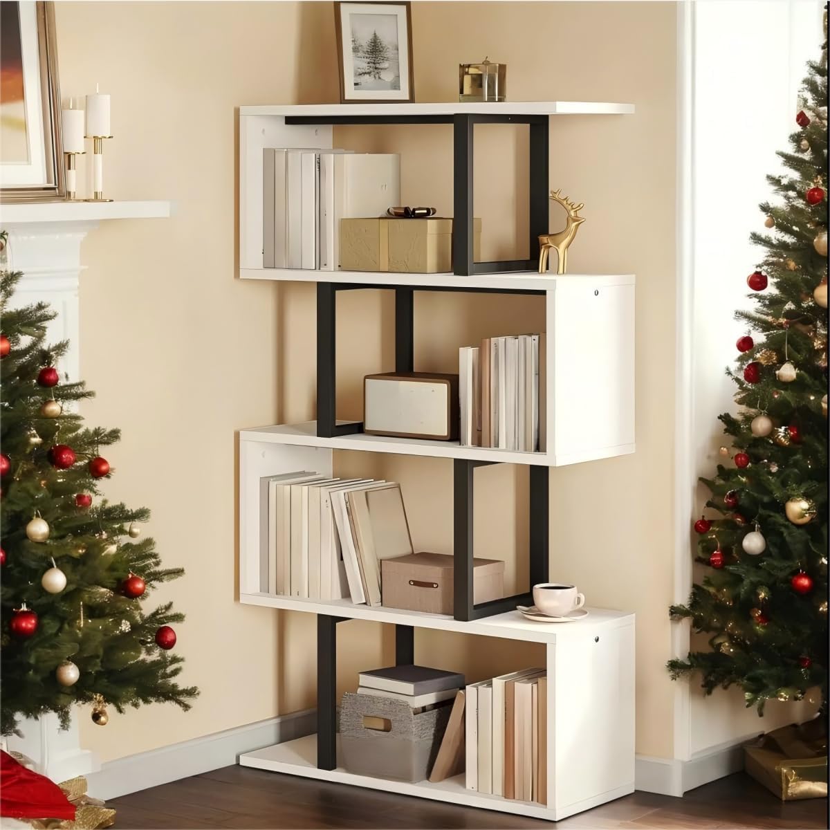 DWVO 5-Tier Geometric Bookshelf, S Shaped Bookshelf Modern Freestanding Display Shelves, Geometric Bookcase Decorative Storage Shelving for Living Room, Home Office, White