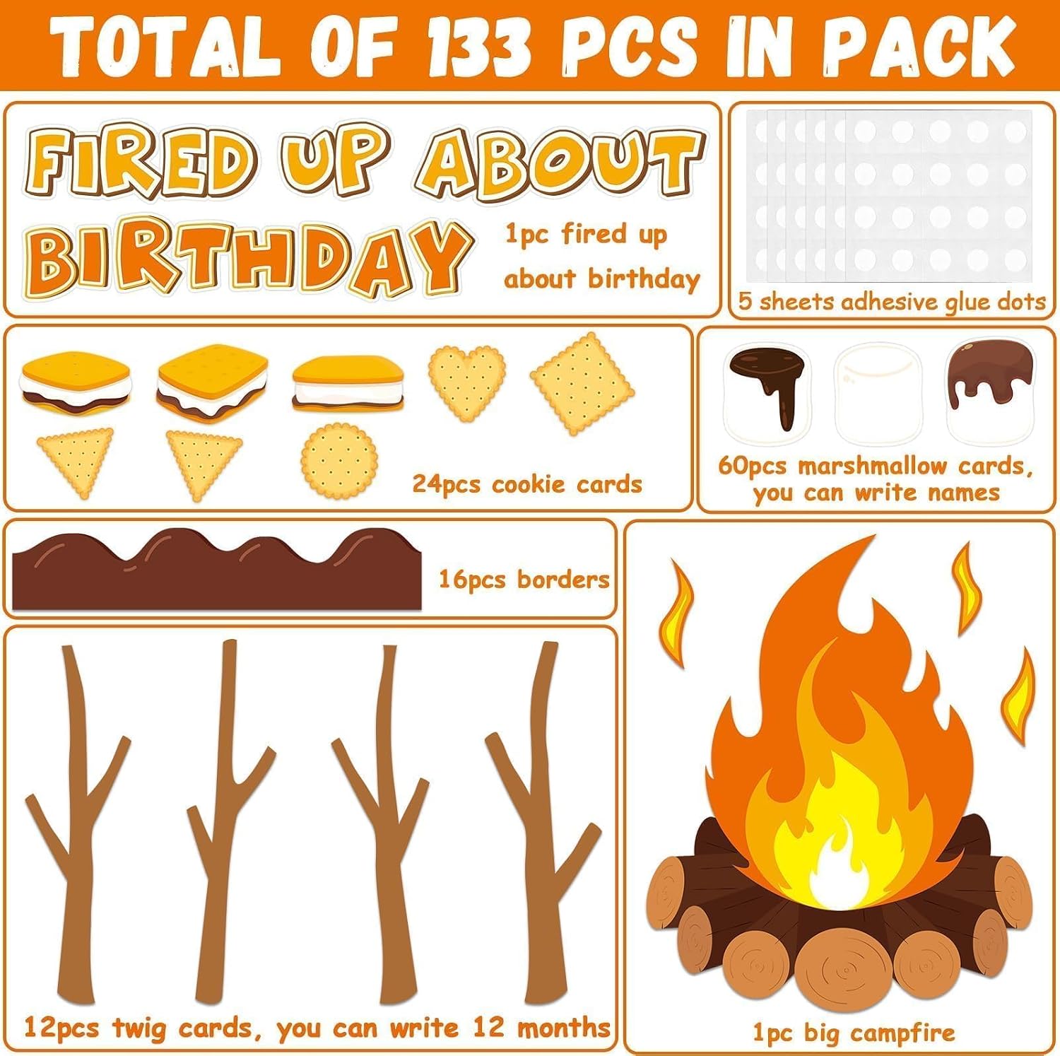 133 Pcs Camping Bulletin Board Decorations Camping Back to School Paper Cutouts Decor Camp Woodland Fire Wall Bulletin Board for The First of Day Students VBS 2026 Supplies Party Favor