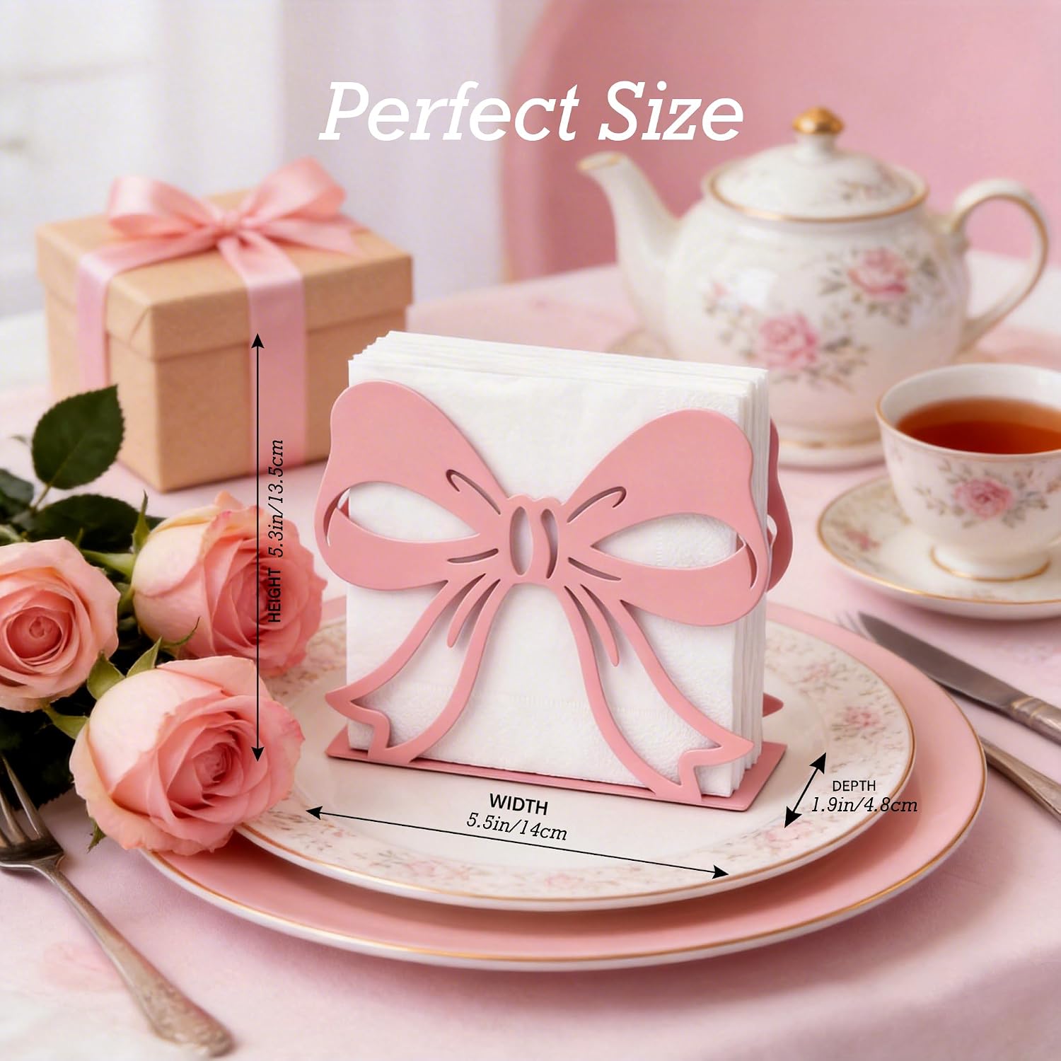 2Pack Pink Bow Napkin Holder for Table, Modern Metal Napkin Holders for Kitchen Dining Tables & Countertops, Paper Cocktail Napkins Holder Dispenser for Indoor & Outdoor Party image 2