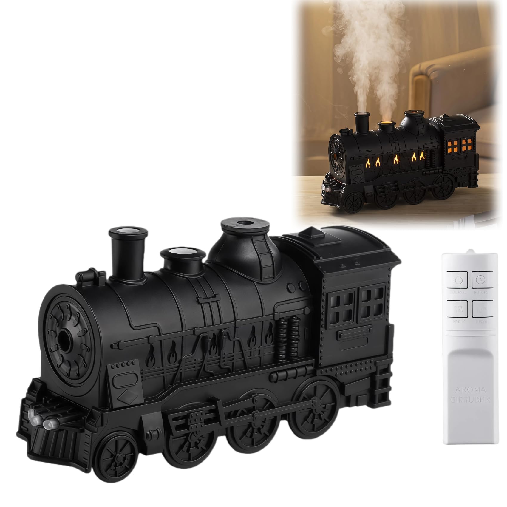 300ML Vintage Train Diffuser Cool Mist Humidifier with Steam Effect Remote Control Dual Modes Warm Blue LED Light