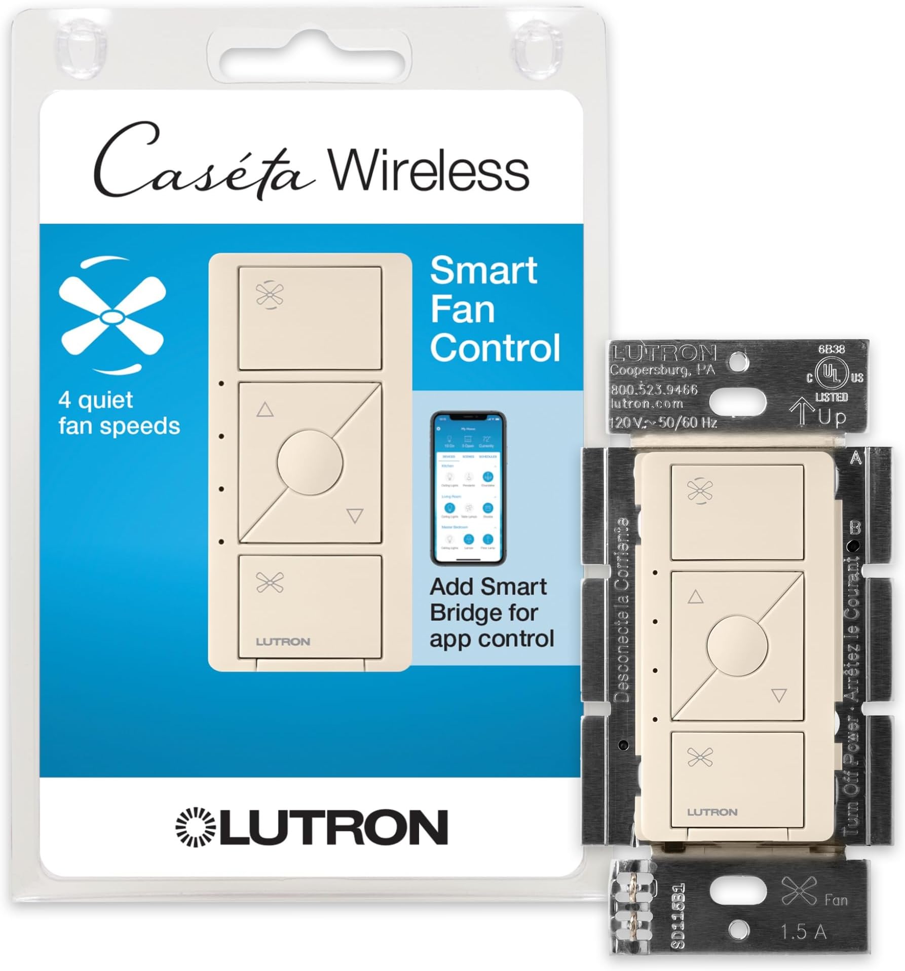 LutronCaséta Wireless Smart Fan Speed Control Switch, Single-Pole, PD-FSQN-LA, Light Almond