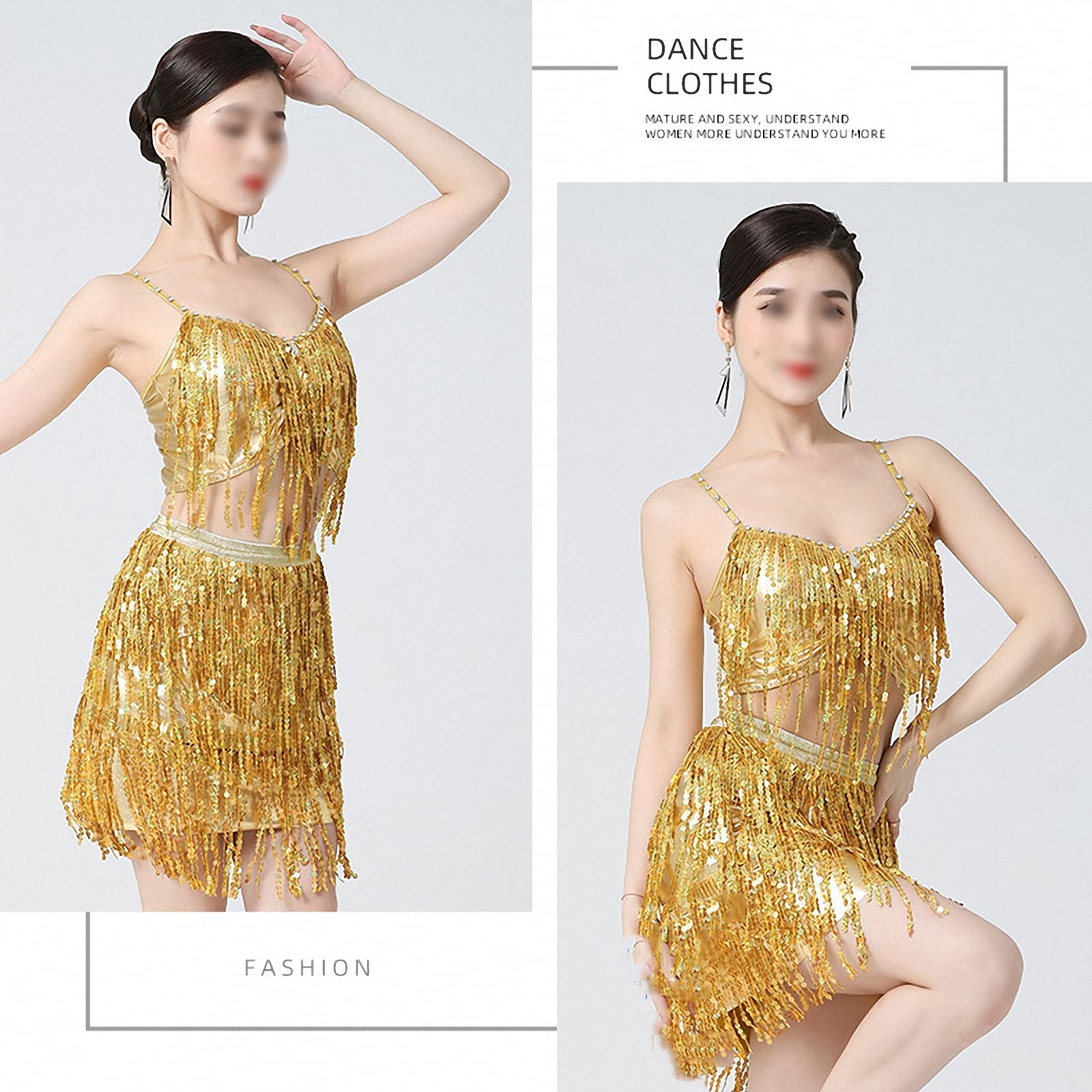 Top de Tirantes de Baile Latino con Flecos de Lentejuelas para Mujer con Almohadilla en el Pecho + Traje de Falda, Trajes de competición de Danza del Vientre/Pole Dance