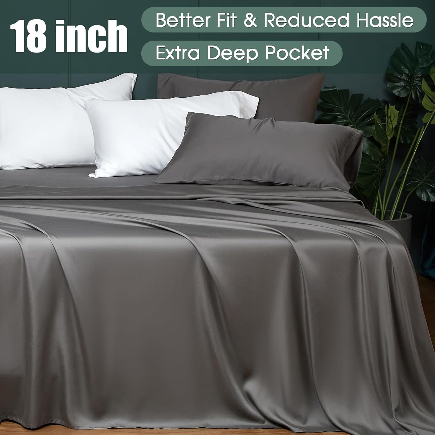 HYPREST 100% Eucalyptus Tencel Sheets Queen - 18 Inch Deep Pocket Cooling for Hot Sleepers Lyocell Luxury Grey Silky Soft - Image 2