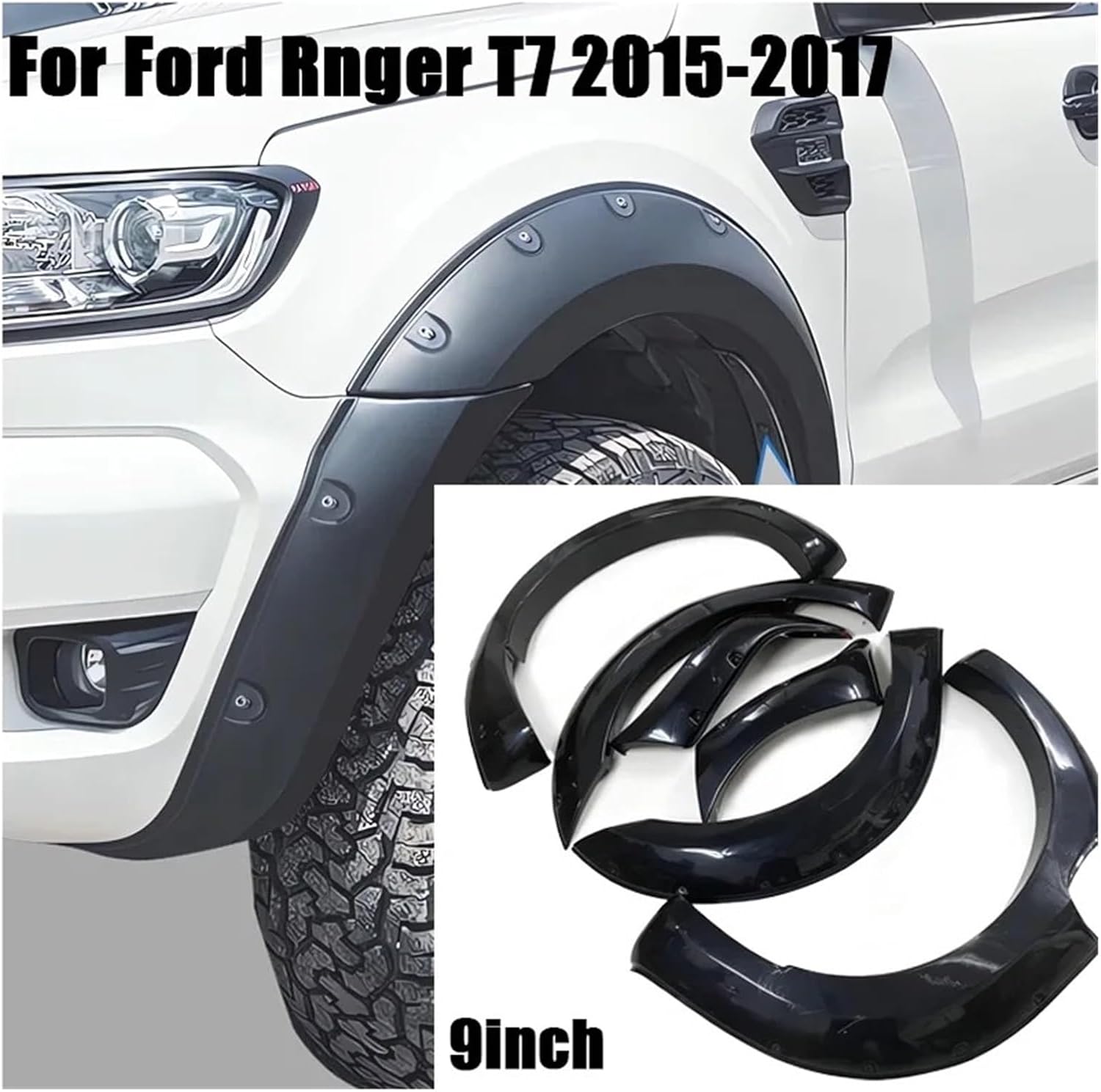 9‘’ Wheel Arch Fender Flare | Compatible with Ford Ranger T7 2015 2016 2017 | Compatible with Wildtrak XLT XL Double Cabin Mudguard Off-Road Protective Trim