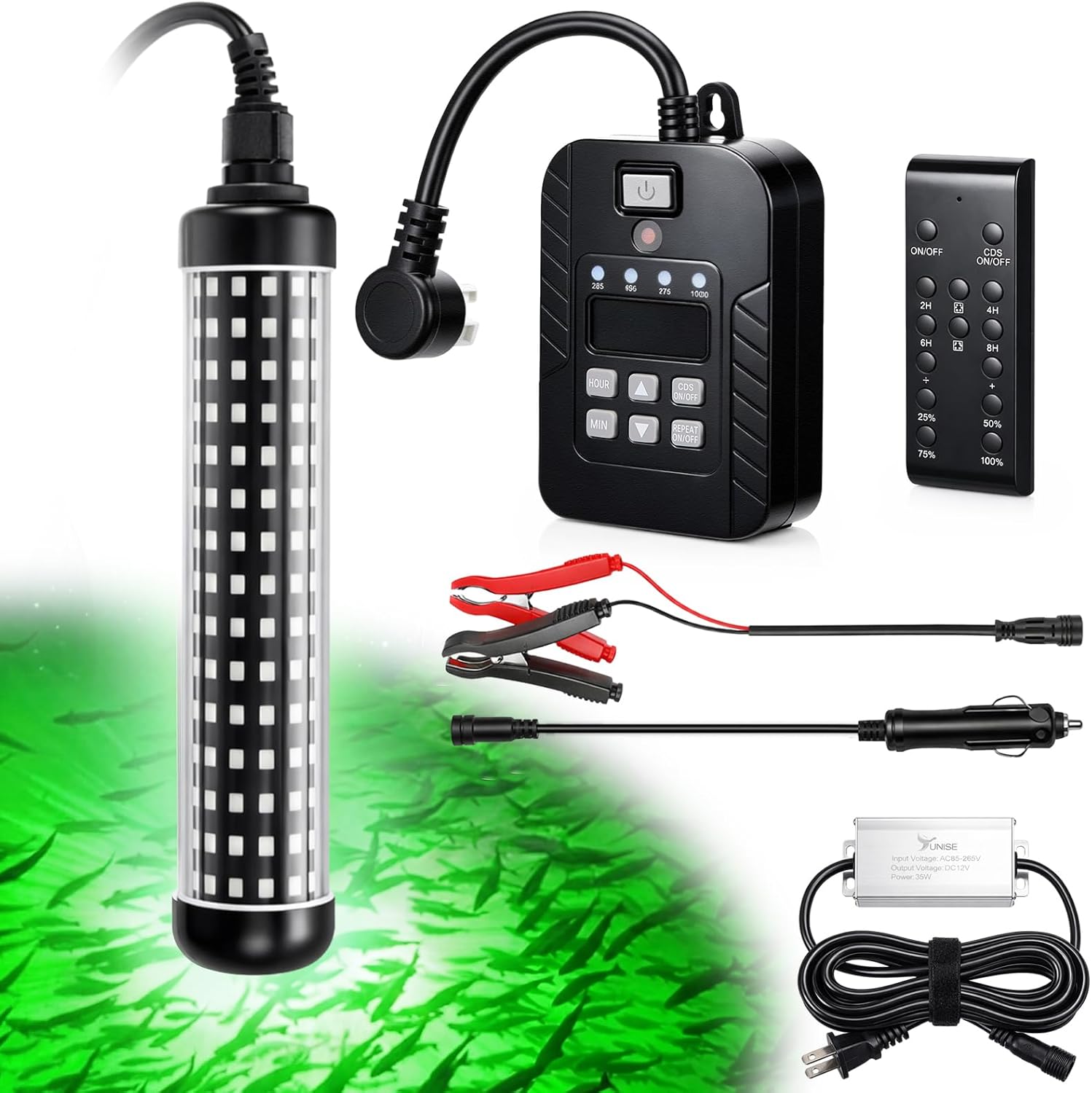 Tuanse Green Underwater Fishing Light with Timer Outlet & Remote 36W LED IP68 Waterproof 3500 Lumens, 30ft Cable, 110-240V/12V Power for Docks Boats Kayaks, Fresh & Salt Water Night Fishing