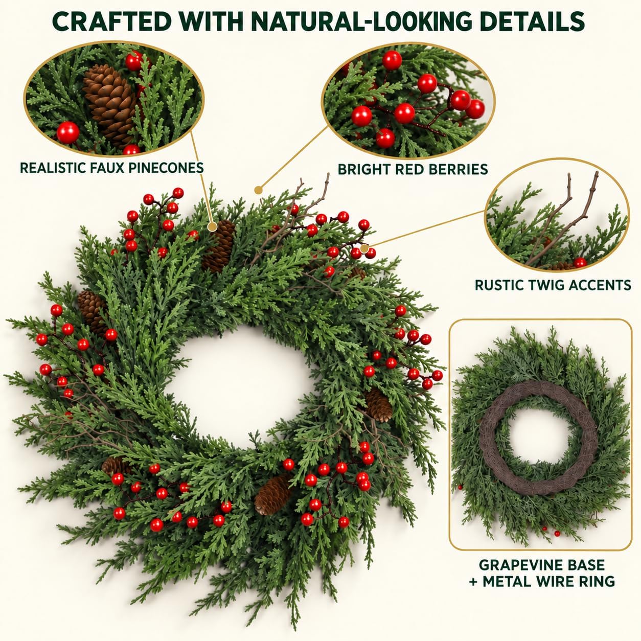 24" Christmas Wreath for Front Door, Real Touch Cedar Wreath