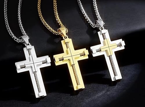Miniatura 5 de Vividstill Collar de cruz para hombre, colgante de cruz de acero inoxidable con cadena de 24 pulgadas, gran regalo de cruz cristiana para hombres y