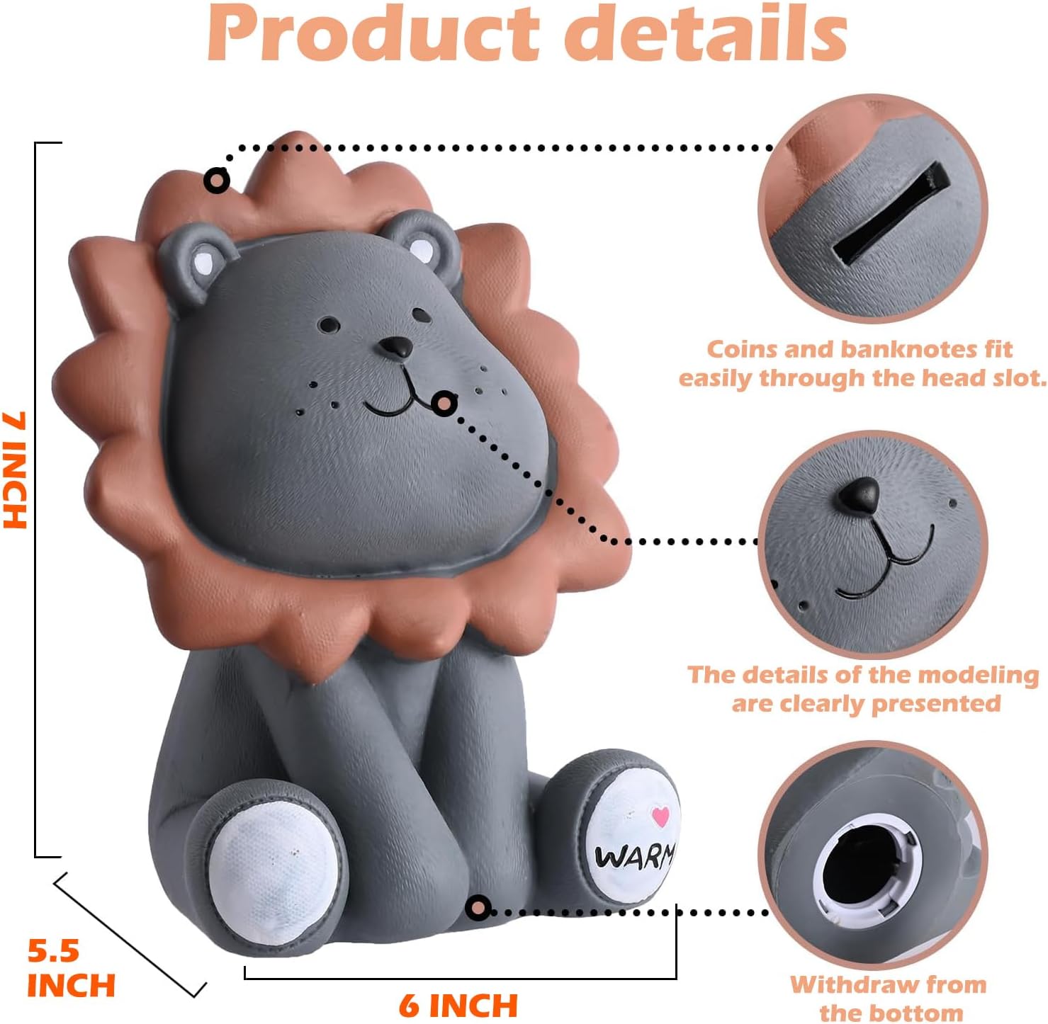 H&W Lion Piggy Bank, Sunny Lion Money Coin Bank,Best Christmas Birthday Gifts for Kids Boys Girls Home Decoration (Gray L)