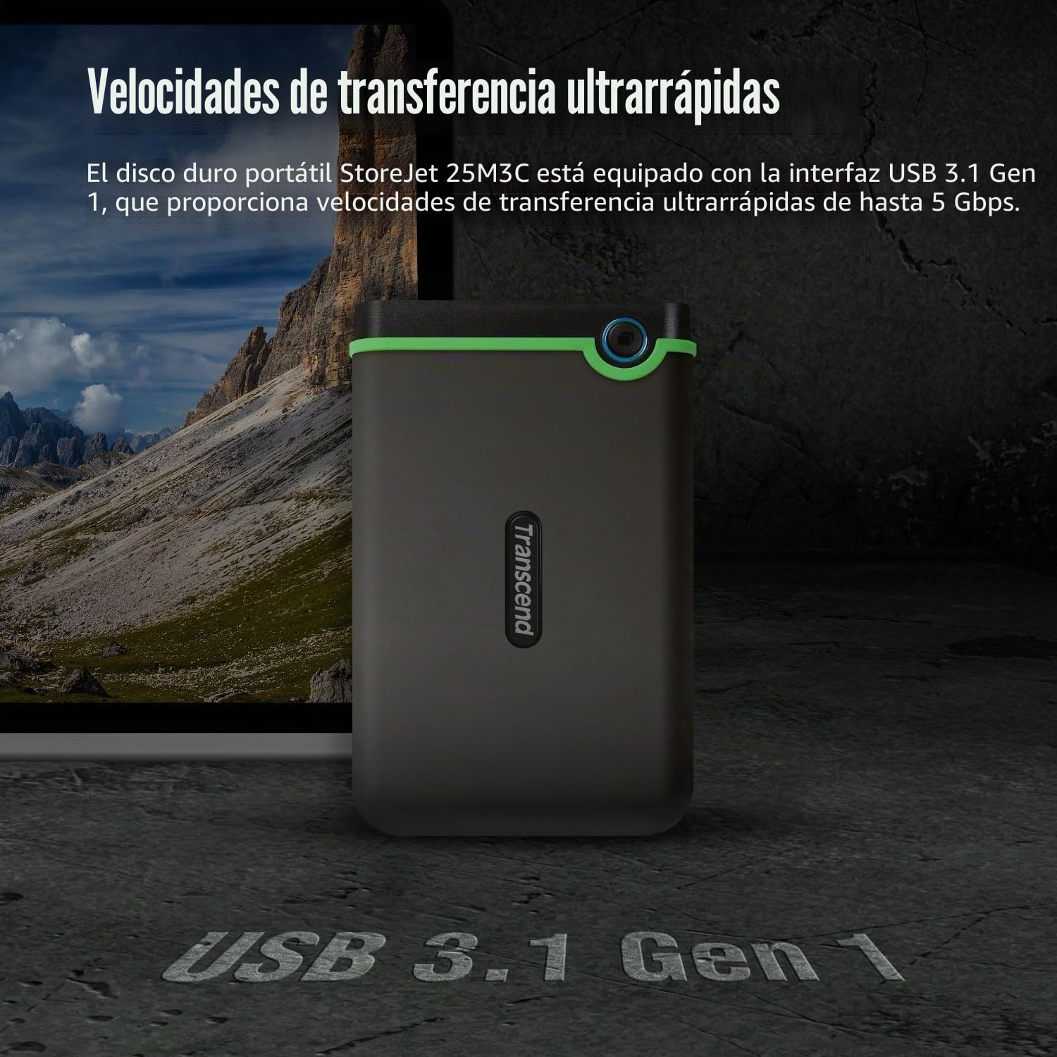 Transcend 2TB StoreJet 25M3C Disco Duro Externo Rugged de 2.5” USB Tipo-C Interfaz USB 3.1 Gen 1 Gris Hierro TS2TSJ25M3C