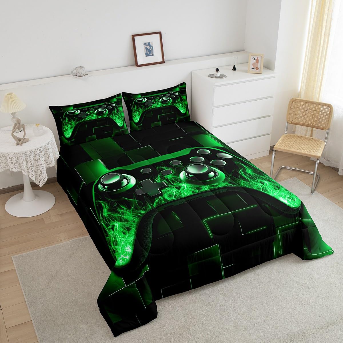 Homewish Neonowe kostki, zielone zestawy kołder do gier dla chłopców, geometryczne zestawy pościeli, konsole do gier, zestaw kołder, dekoracja dla chłopców, dekoracja sypialni