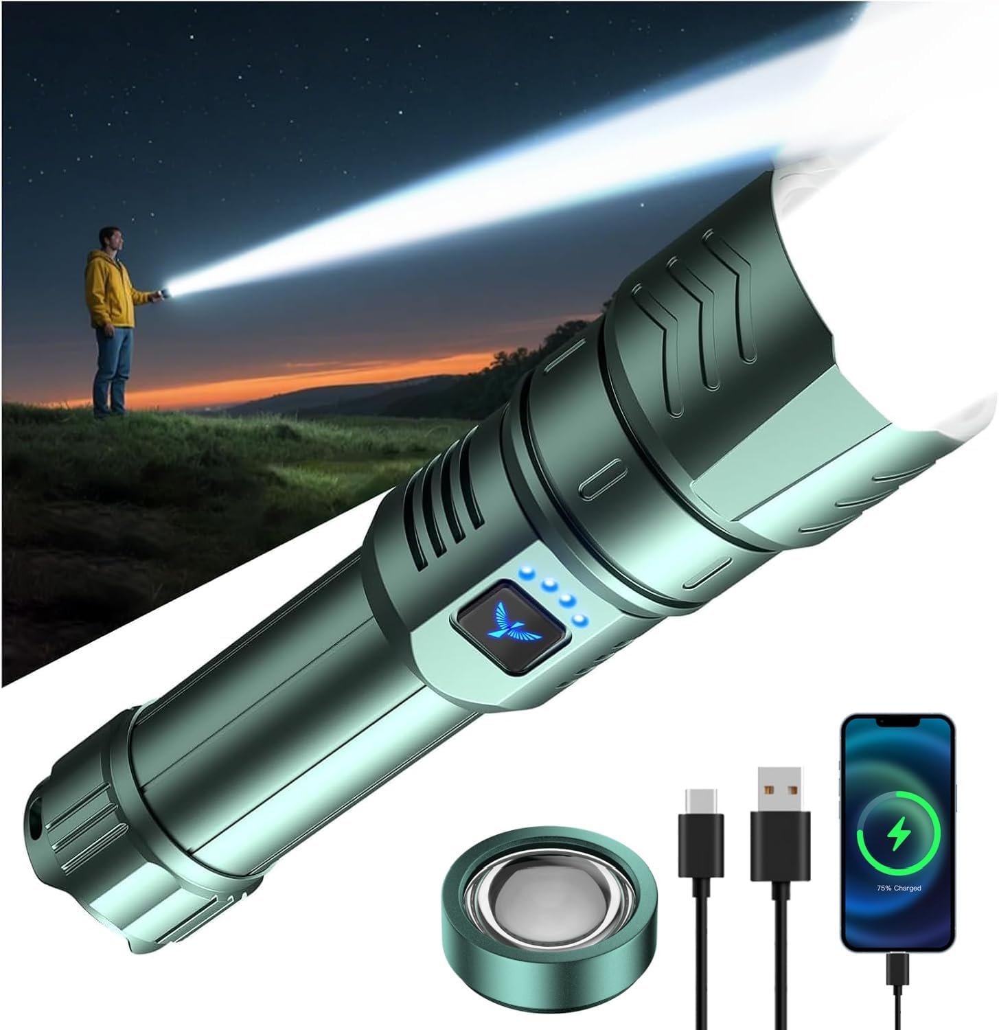 SKYFIRE LED Flashlights High Lumens with Ignition Lens,3000lm Super Bright Rechargeable Flashlight,Zoomable,4 Modes,Waterproof Tactical Flash Light for Camping Essentials,Outdoor and Home,Gift