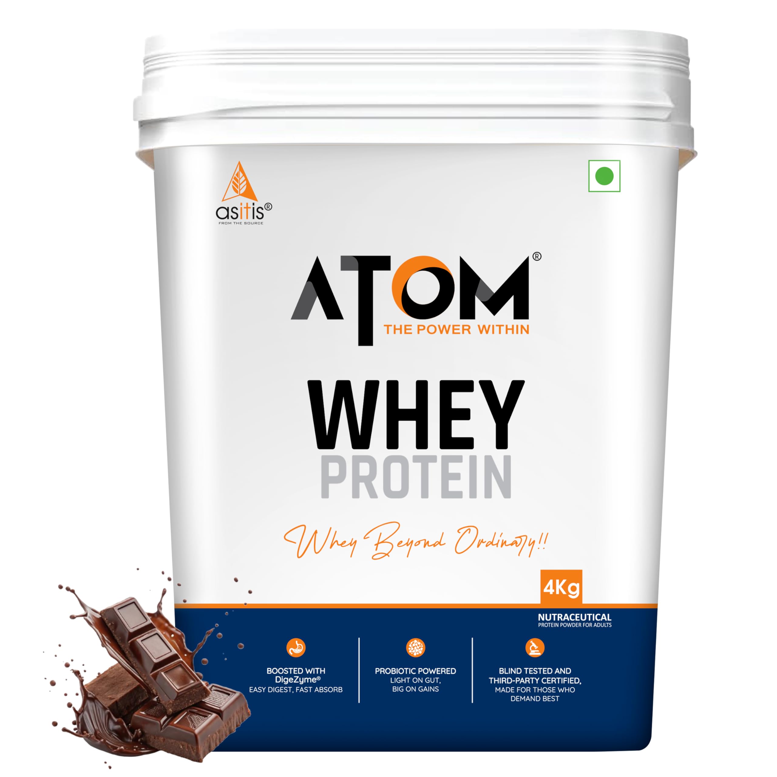 AS-IT-IS ATOM Whey Protein 4kg | 27g protein | Isolate & Concentrate | Double Rich Chocolate | USA Labdoor Certified | With Digestive Enzymes for better absorption