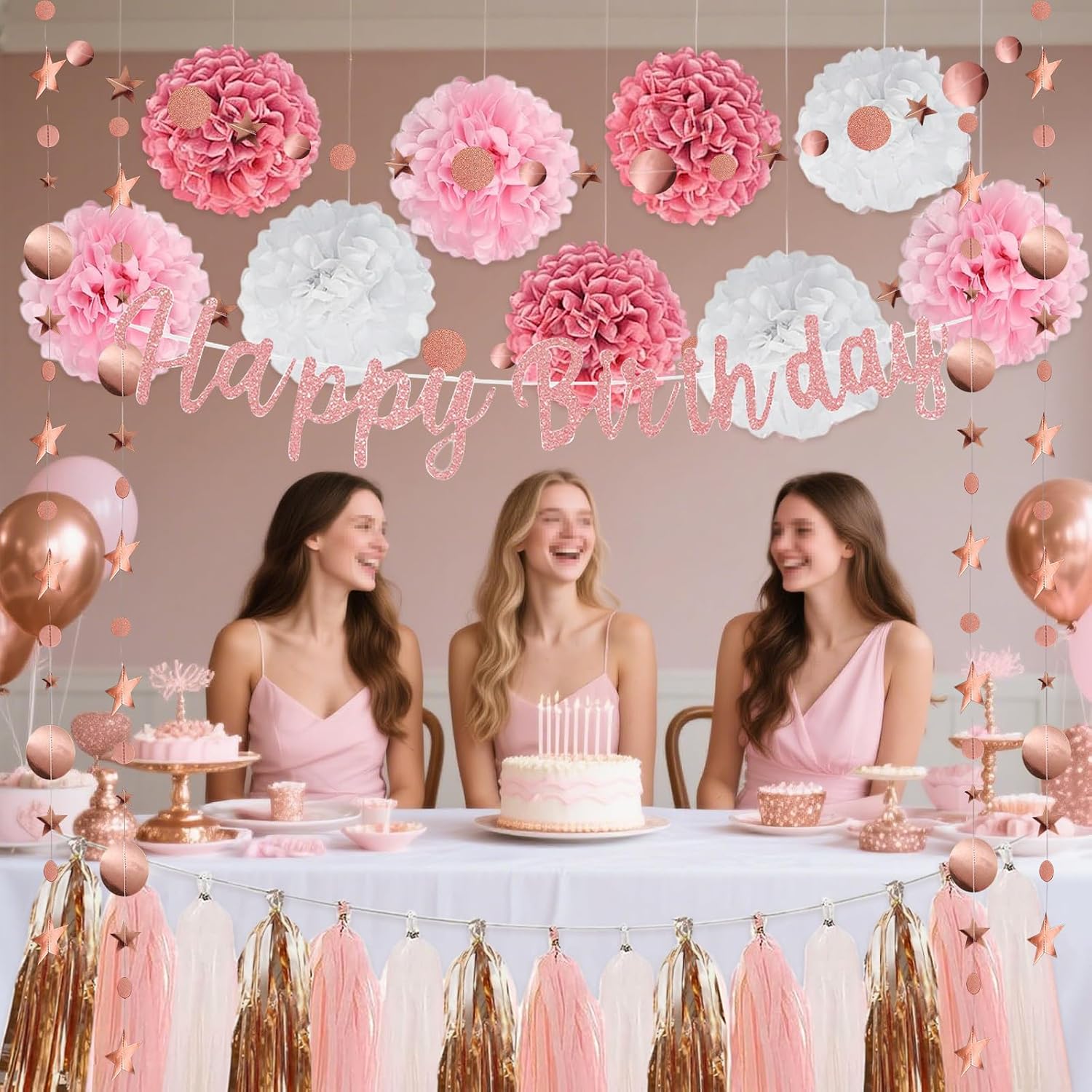 Pink Rose Gold Birthday Party Decorations Set, Rose Gold Glittery Dots Star Garland And Happy Birthday banner, Pom Poms Flowers Tassels for Girl Women Party Supplies