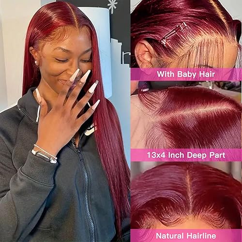 Miniatura 4 de Pelucas de cabello humano con encaje frontal color burdeos 99j prearrancadas de 13 x 4, pelucas de cabello humano lacio con encaje frontal de 180 %