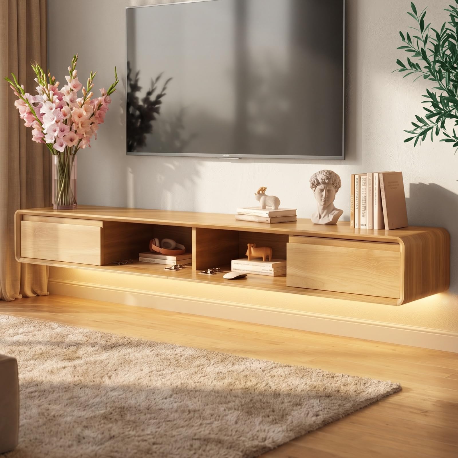 Mueble de TV de Madera Maciza,Mueble de TV Flotante, Mueble Bajo de Pared para TV, Adecuado para el Salón y el Dormitorio,Madera 220CM-LED