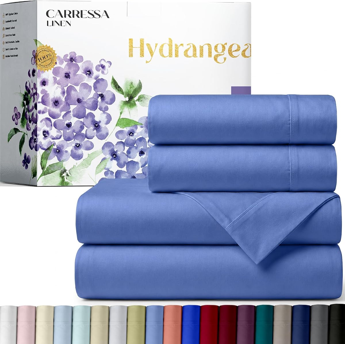 Carressa Linen 100% Egyptian Cotton King Size Sheet Set - 600 Series Hydrangeas Collection Egyptian Cotton Queen Sheets King Size (4 PC, Marine Blue), Soft, Cooling, 16" Deep Pocket Luxury Bed Set