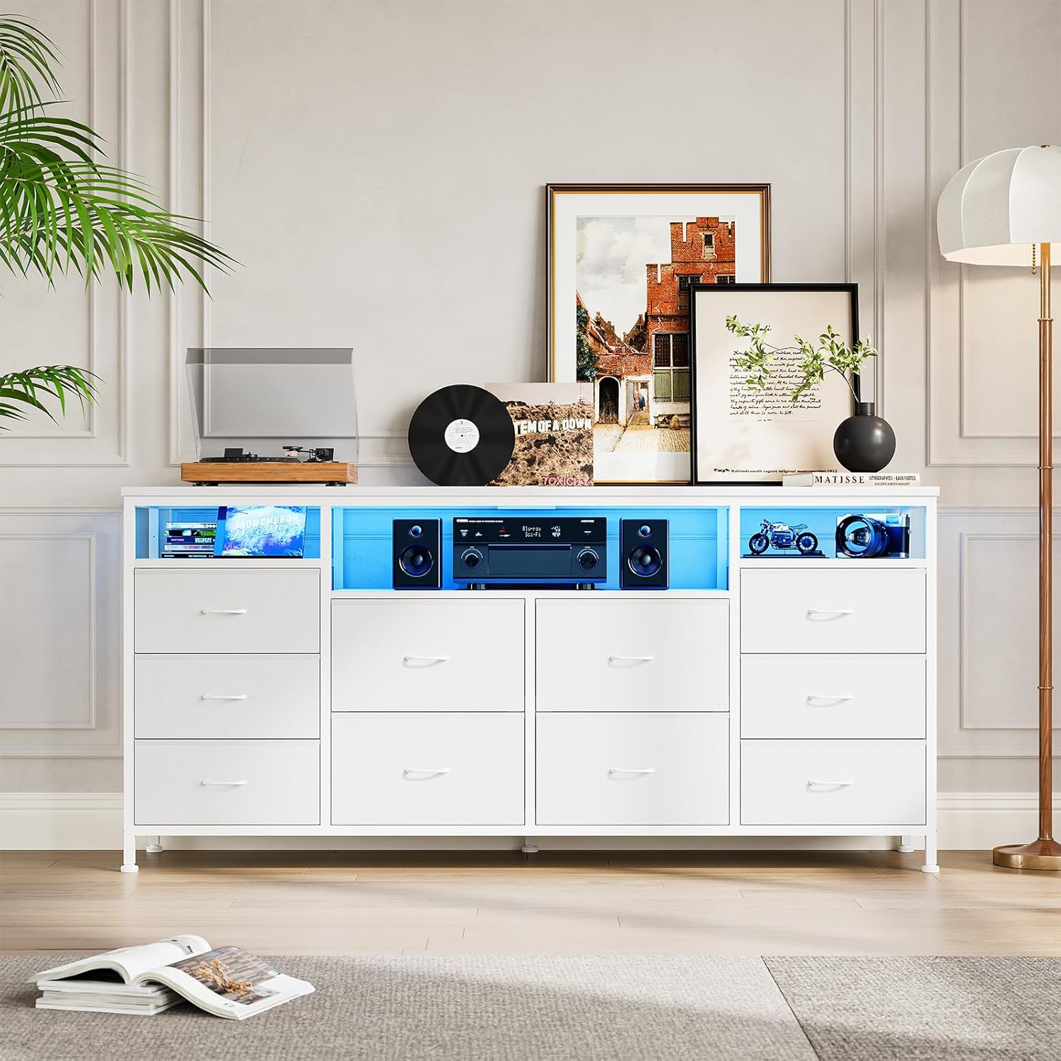 White Dresser for Bedroom, 10 Drawer Dresser TV Stand for 65 70 75 Inch TV, Entertainment Center with LED Lights & Charging Station, Long Fabric Chest of Drawers, 13.8" D x 63" W x 29.5" H