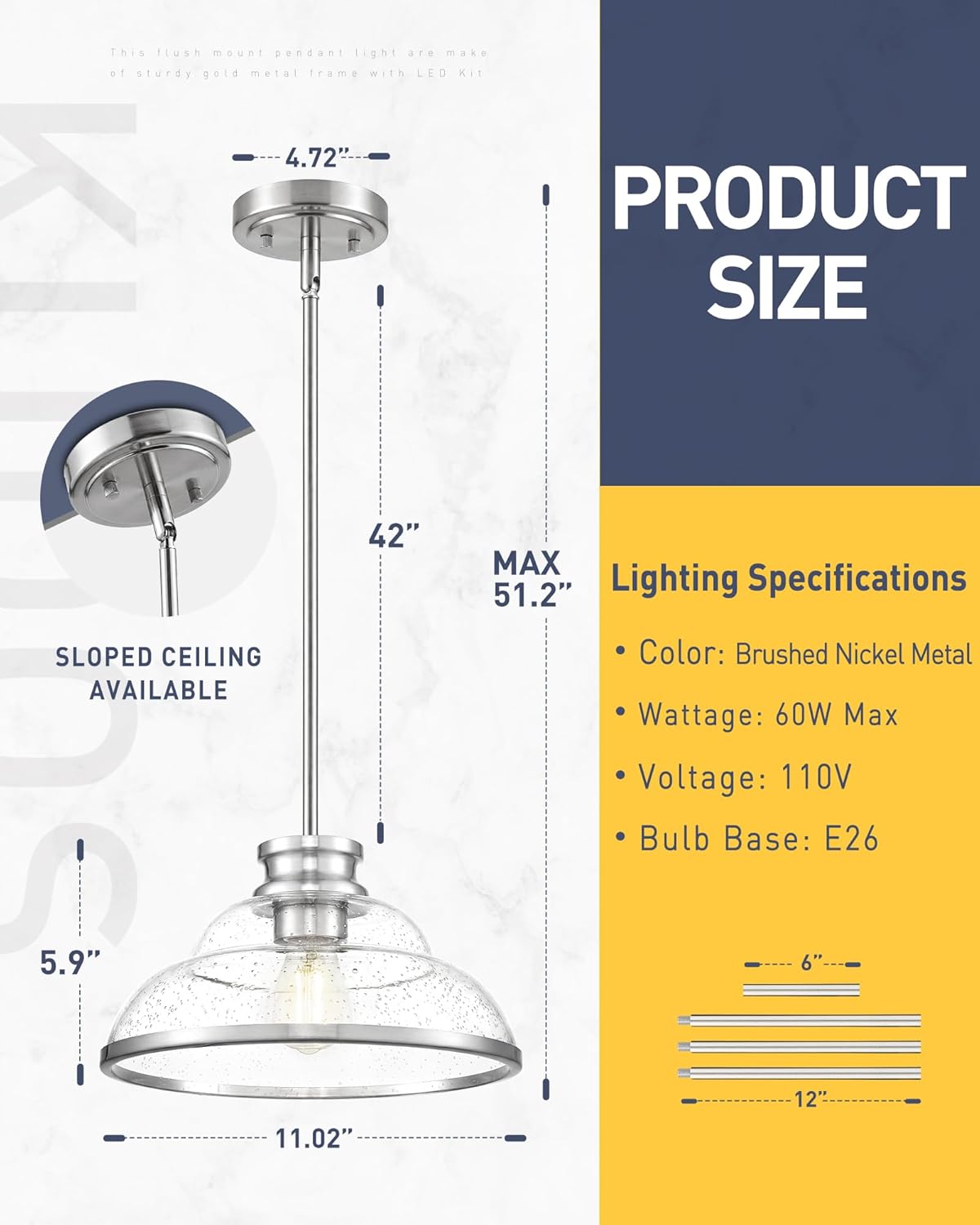 kudos 2 Pack Pendant Lights Kitchen Island, 11" Brushed Nickel Kitchen Island Lighting with Seeded Glass, Farmhouse Hanging Light Fixture for Kitchen Sink Dining Room Hallways, KDPL14-BN-2PK