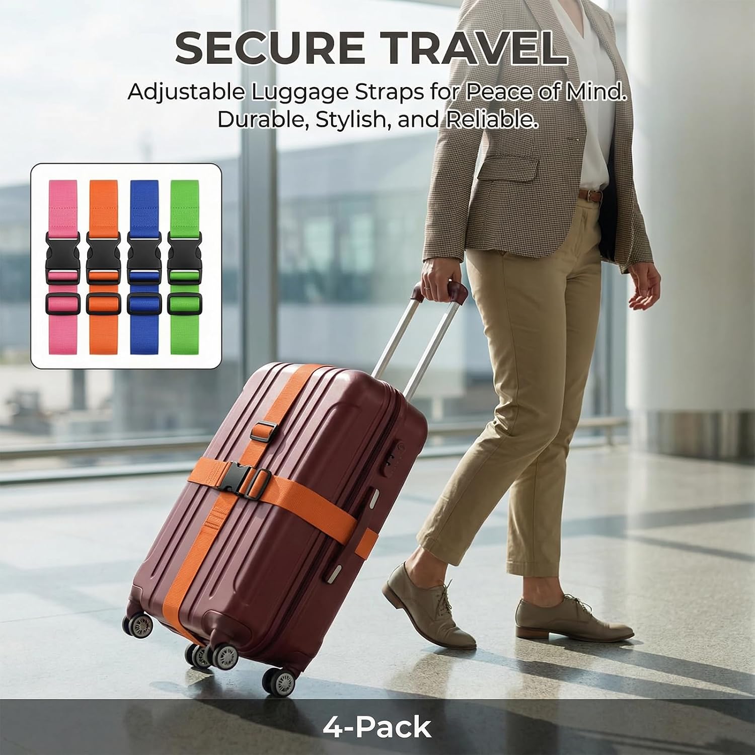 12 Pcs Luggage Straps for Suitcases TSA Approved, Suitcase Belts, Adjustable Suitcase Straps for Travel Accessories Essentials, Luggage Safety Packing Bands(4 Colors)
