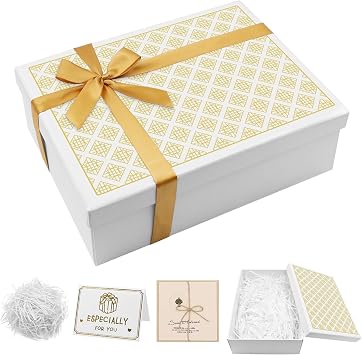 White Gift Boxes with Lids,Foldable Gift Box for Presents with Greeting Card Envelope,Raffia and Ribbon,Large Party Present Boxes,Designed for Valentine's Day,Birthdays,Weddings