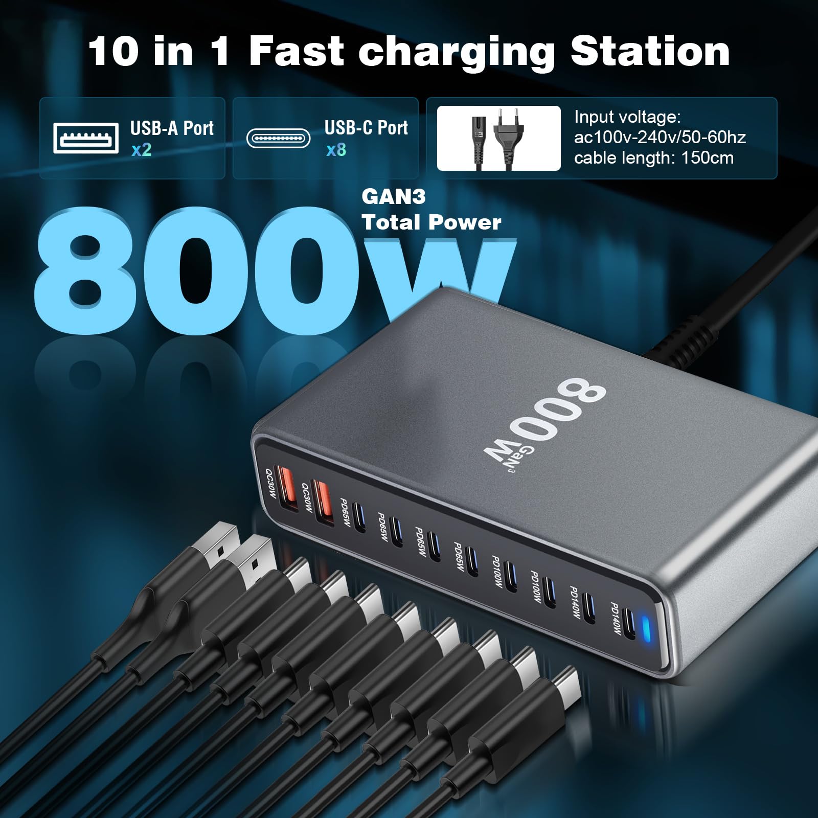 Cargador USB C múltiple 800W, cargador rápido PD 140W 100W 65W, estación de carga de 10 puertos, cargador GaN-III con 8 puertos USB-C y 2 puertos USB-A para MacBook iPad Pro/Air, iPhone 16 15 Pro Max