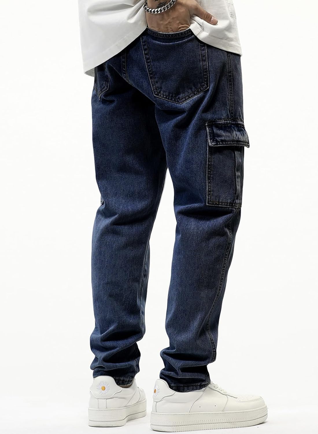 JMIERR Men's Elastic Waist Cargo Jeans Stretch Denim Pants with Drawstring Relaxed Fit for Casual Daily Wear - Image 2