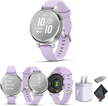 Garmin Lily 2 Active Small and Stylish Smartwatch Up to 9 Days Battery Life Built-in GPS Hidden Display Patterned Lens Purple Jasmin 010-02891-01 Health and Fitness Smart Watch Bundle for Women