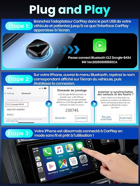 DH5 Adaptateur CarPlay sans Fil, Connexion Filaire vers sans Fil avec Type-C/USB, Plug-and-Play avec Connexion Automatique, Compatible avec Les Véhicules à Partir de 2016 et iOS 10+ - 3