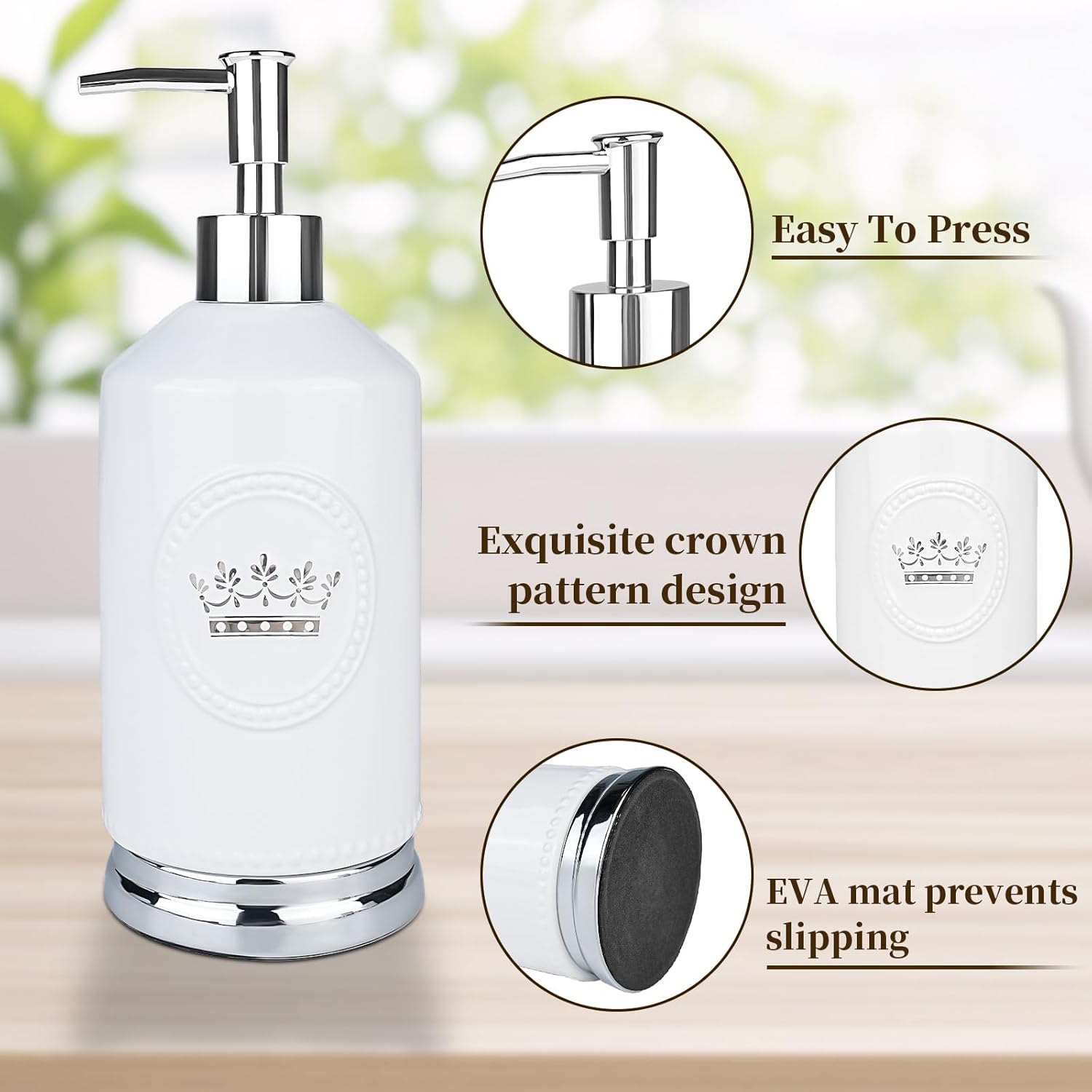 Bathroom Accessory Set, 4 Pcs Ceramic Sets with Crown Motif, Toothbrush Holder, Soap Dispenser, Soap Dish, Tumbler Cup, Modern Bathroom Sink Set Vanity Countertop Decor, White and Silver