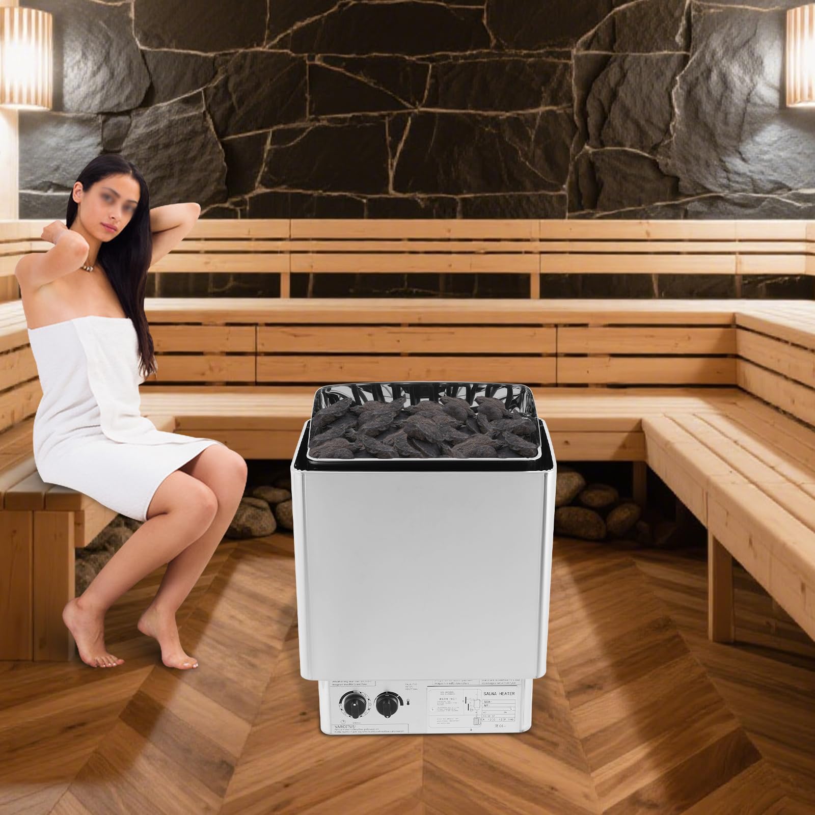 Piec do sauny 9 kW, stal nierdzewna, elektryczna, sucha sauna parowa ze zintegrowanym sterowaniem i zabezpieczeniem przed przegrzaniem, 9 m³, do sauny domowej/hotelowej/spa/prysznica, montaż na