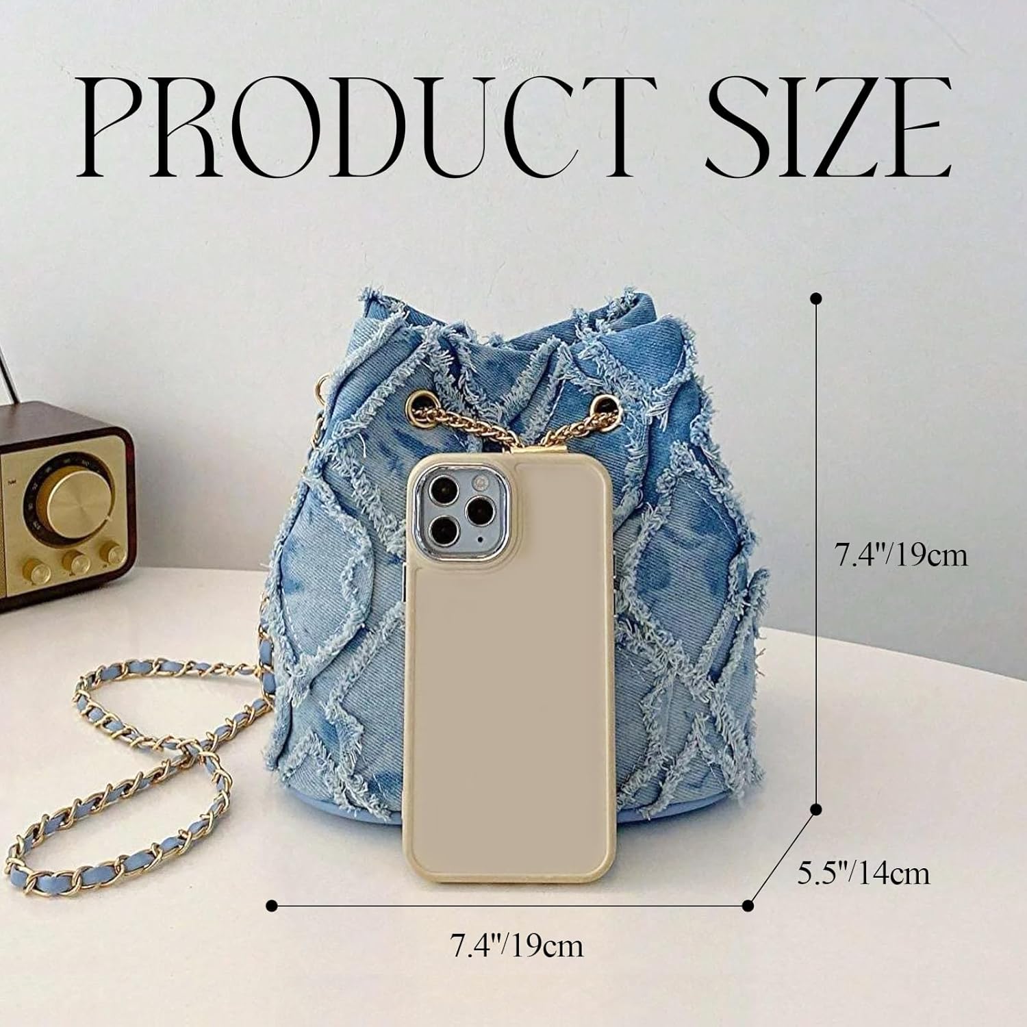 Small Denim Bucket Bag for Women, Quilted Jean Drawstring Purse with adjustable & detachable Strap,Stylish Shoulder Handbag - Image 3