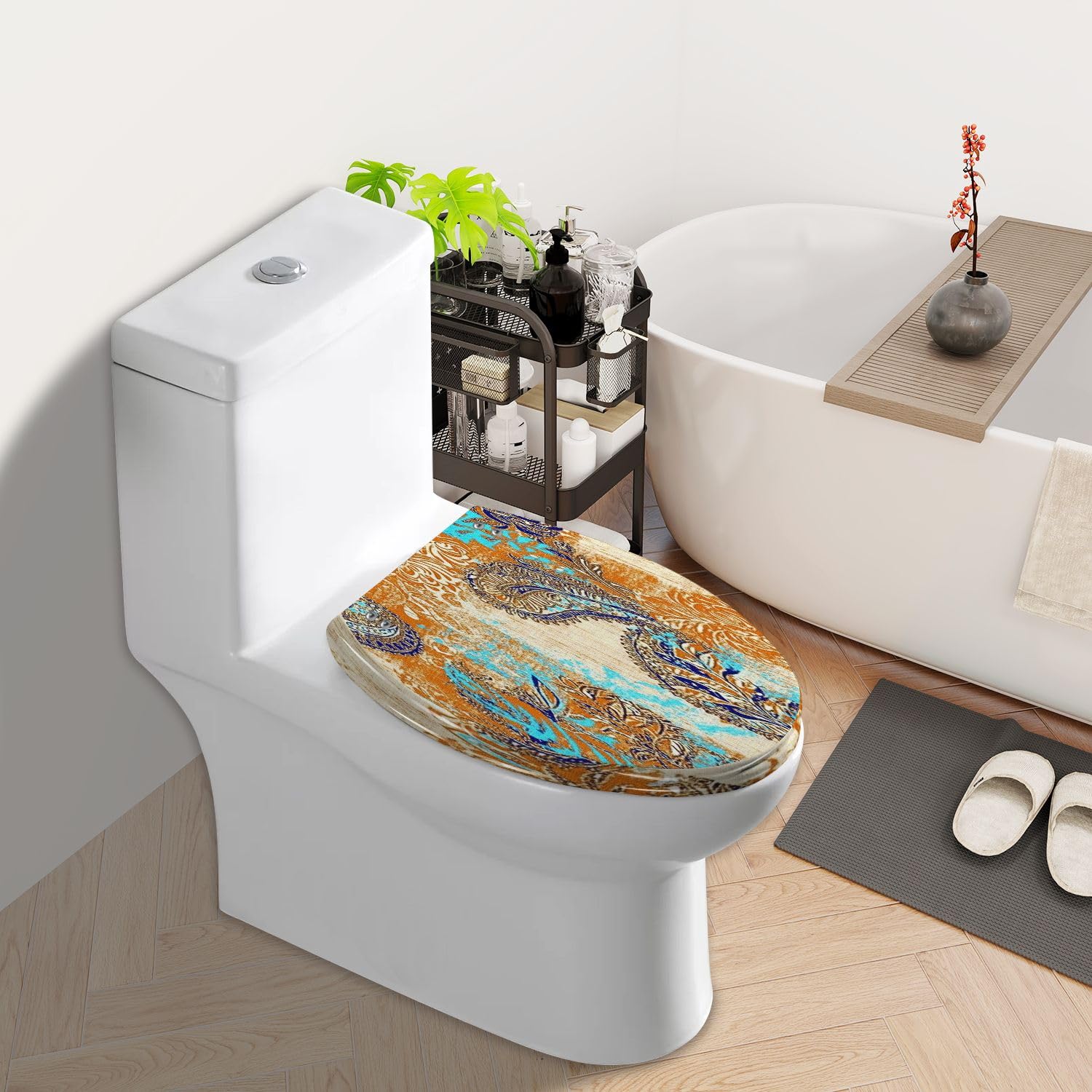 Elongated Toilet Seat Paisley seamless pattern Textile bohemian print Batik Vintage Resin Toilet Seat Slow Quiet Close with Quick-Release Hinges Toilet Seat with Cover Easy to Clean Install