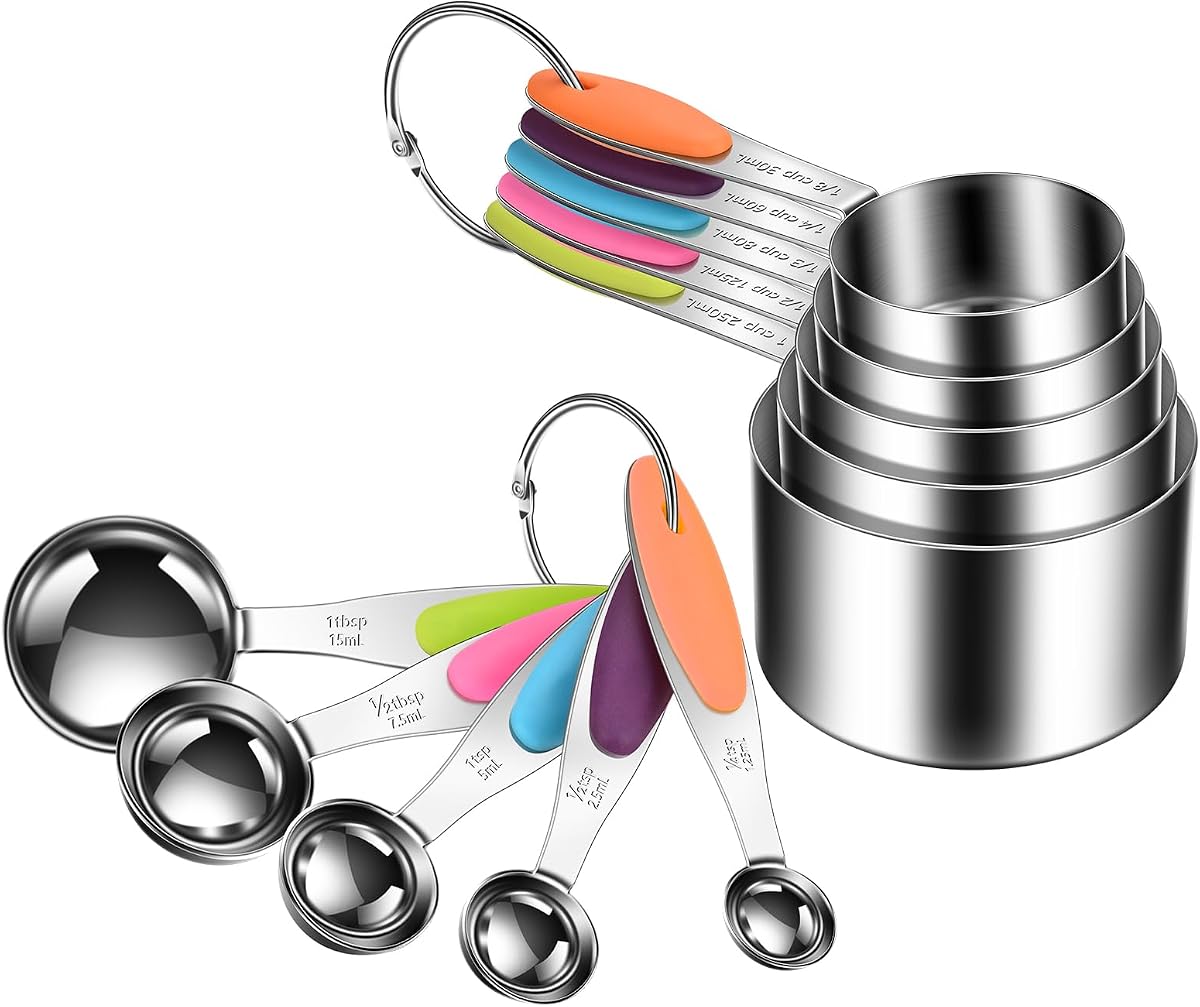 Juego de tazas y cucharas medidoras de 10 piezas, acero inoxidable 304 con asas codificadas por colores, marcas grabadas que nunca se desvanecen, sin plástico, apto para lavavajillas, incluye 1/8 taza y 1/4 cucharadita