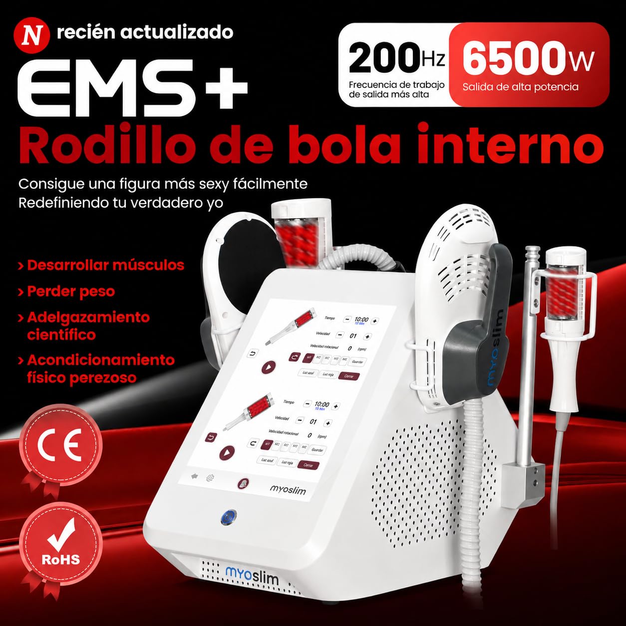 Myoslim EMS+ Rolka Kulki Wewnętrzne Modelowanie ciała 6500W | Częstotliwość 200 Hz, obrót 360°, Tonowanie mięśni, redukcja tłuszczu, certyfikat CE i RoHS