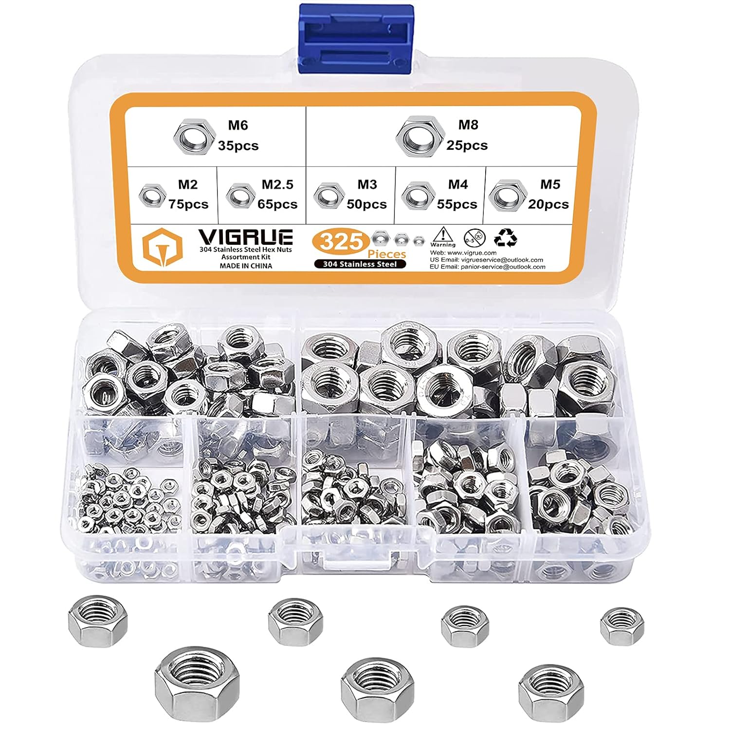 VIGRUE 325Pcs Metric Hex Nuts Elegant Design Assortment Kit for Screw Bolt M2 M2.5 M3 M4 M5 M6 M8, 7 Sizes 304 Stainless Steel Nuts Assortment Kit