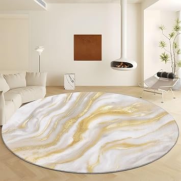 8 x 8 Round Rug, Marble Elegant Gold Texture Washable Non-Slip Rugs, Gold Swirls Print Low Pile Carpet, Circular Decorate Rugs for Living Room Bedroom Dining Room Kitchen Indoor