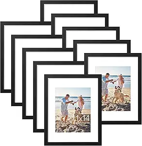 decorUhome 11x14 Picture Frame, Display Pictures 8x10 with Mat or 11x14 without Mat, Wall & Tabletop Display Photo Frame, Black, 10 Pack