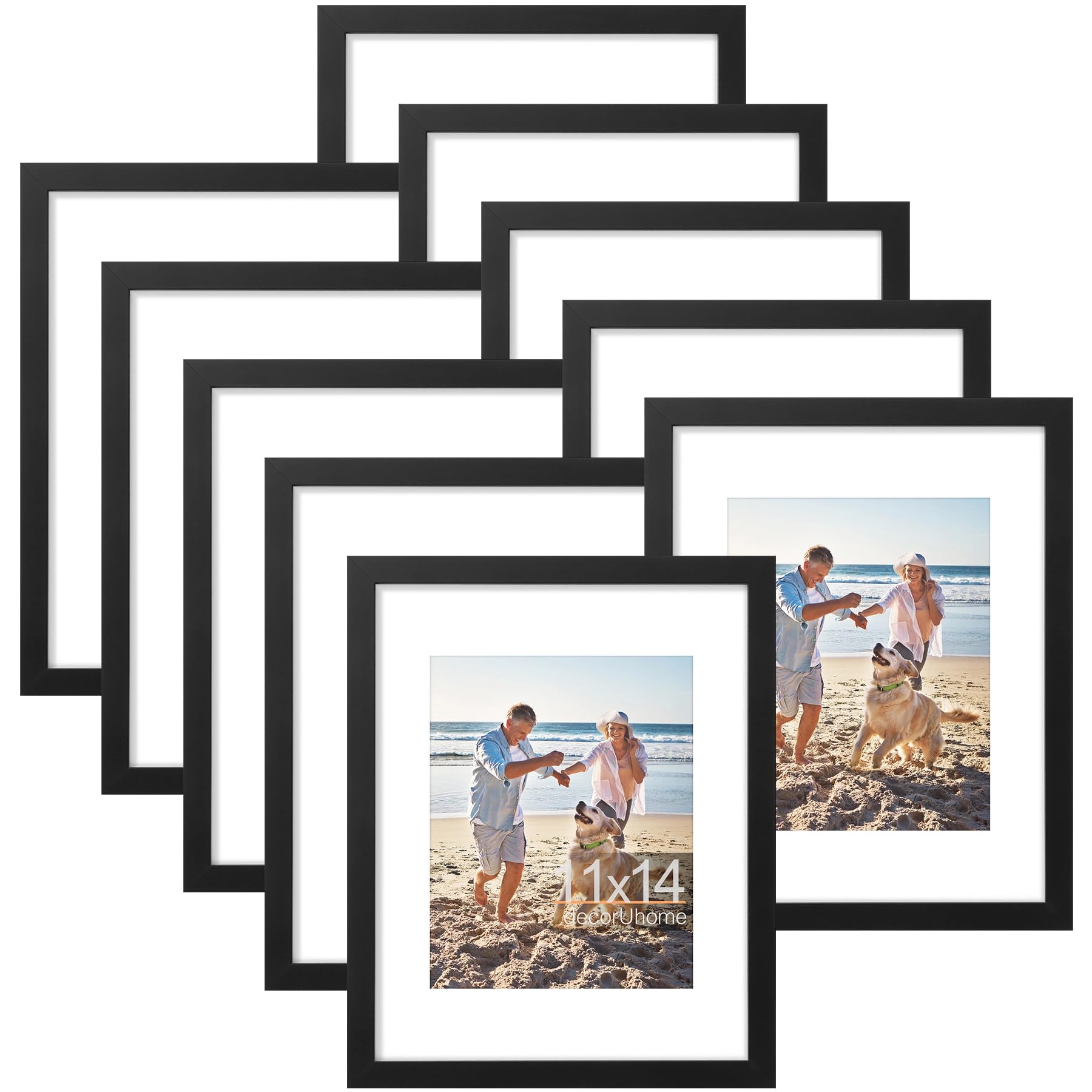 decorUhome 11x14 Picture Frame, Display Pictures 8x10 with Mat or 11x14 without Mat, Black Engineered Wood Photo Frame with Plexiglass for Wall & Tabletop Display, Picture Frames 11x14 Set of 10