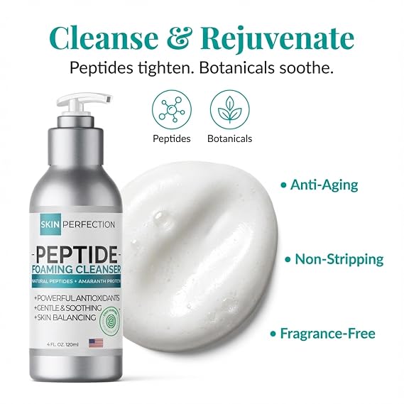 Foaming Facial Cleanser Peptide Face Wash, Gentle for All Skin Types 4 oz | Skin Perfection, EWG Verified, Fragrance-Free, Sulfate-Free, Paraben-Free; Amaranth Amino Acids; for Sensitive Skin, Women